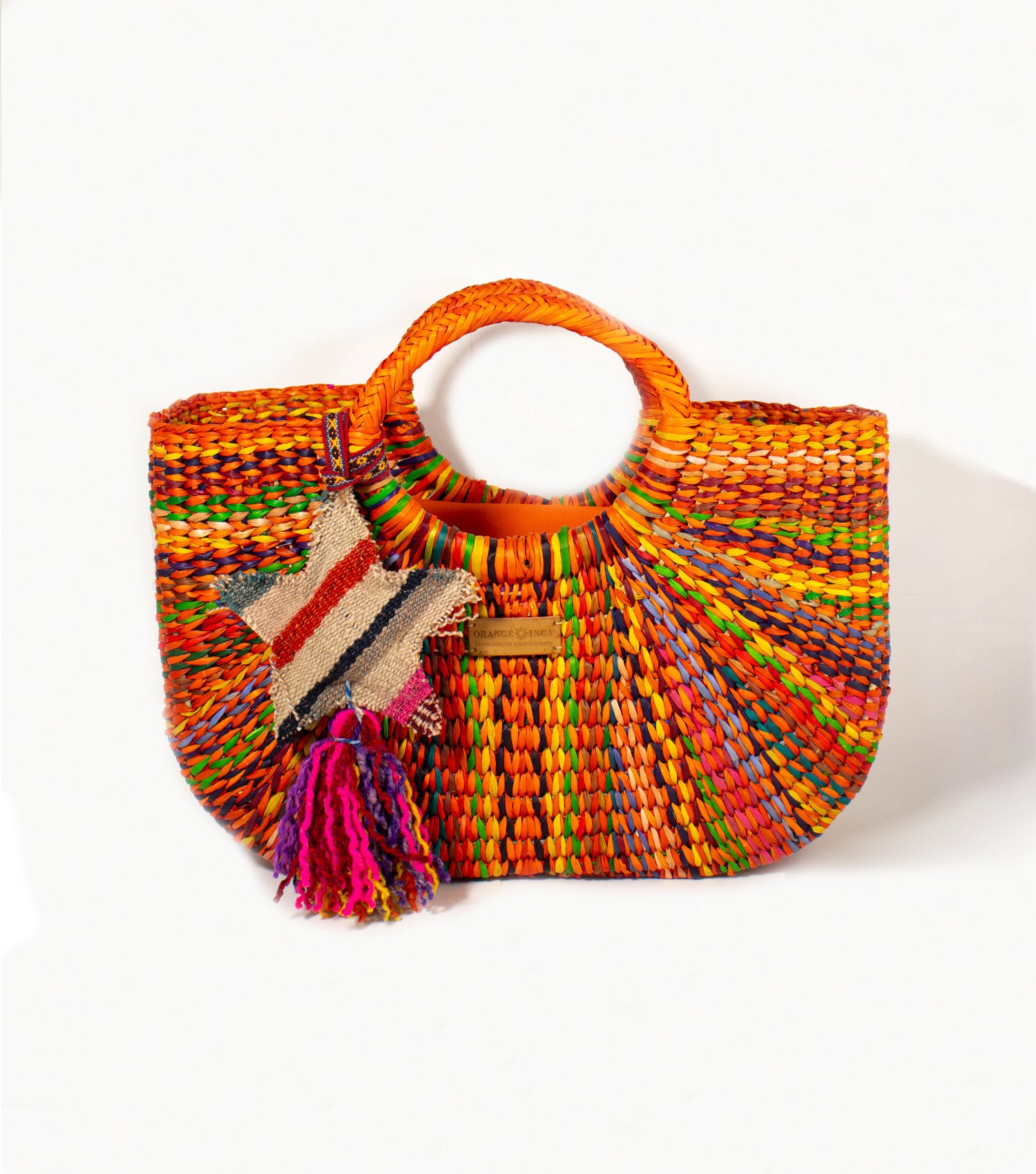 Orange Inca Gran Fiesta luxury straw tote with tassel - bohemian beach bag | Orange and Multicolour Marbled