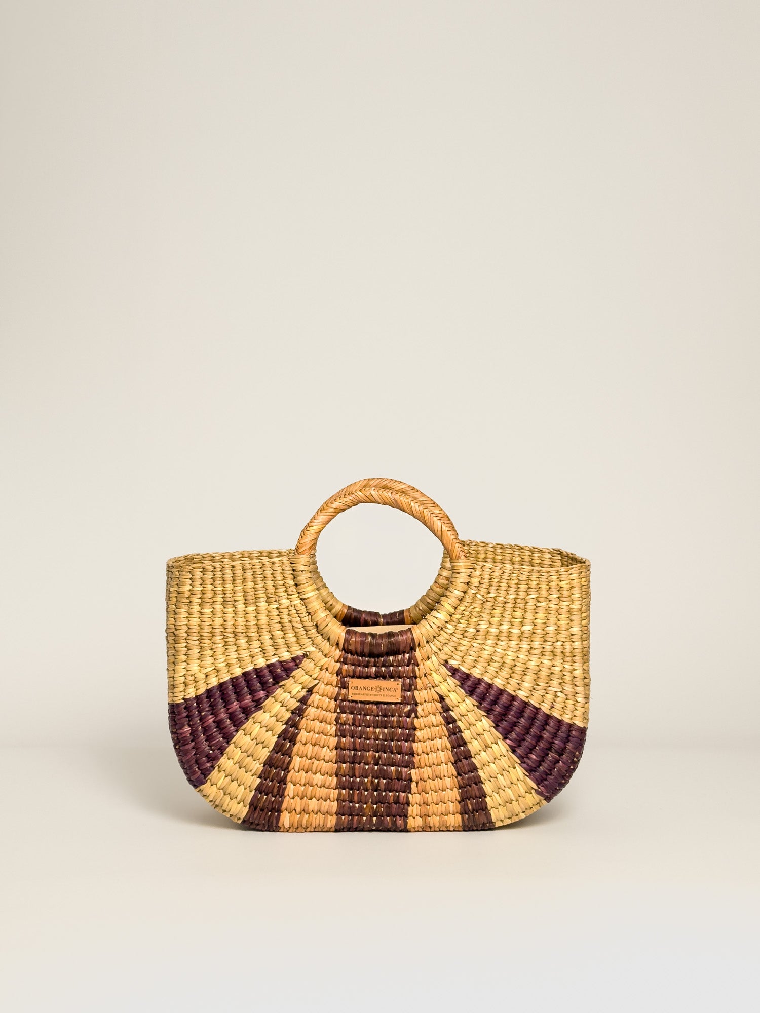 Orange Inca Gran Fiesta handwoven straw tote - sustainable luxury beach bag |Natural with Burgundy and Brown Stripes