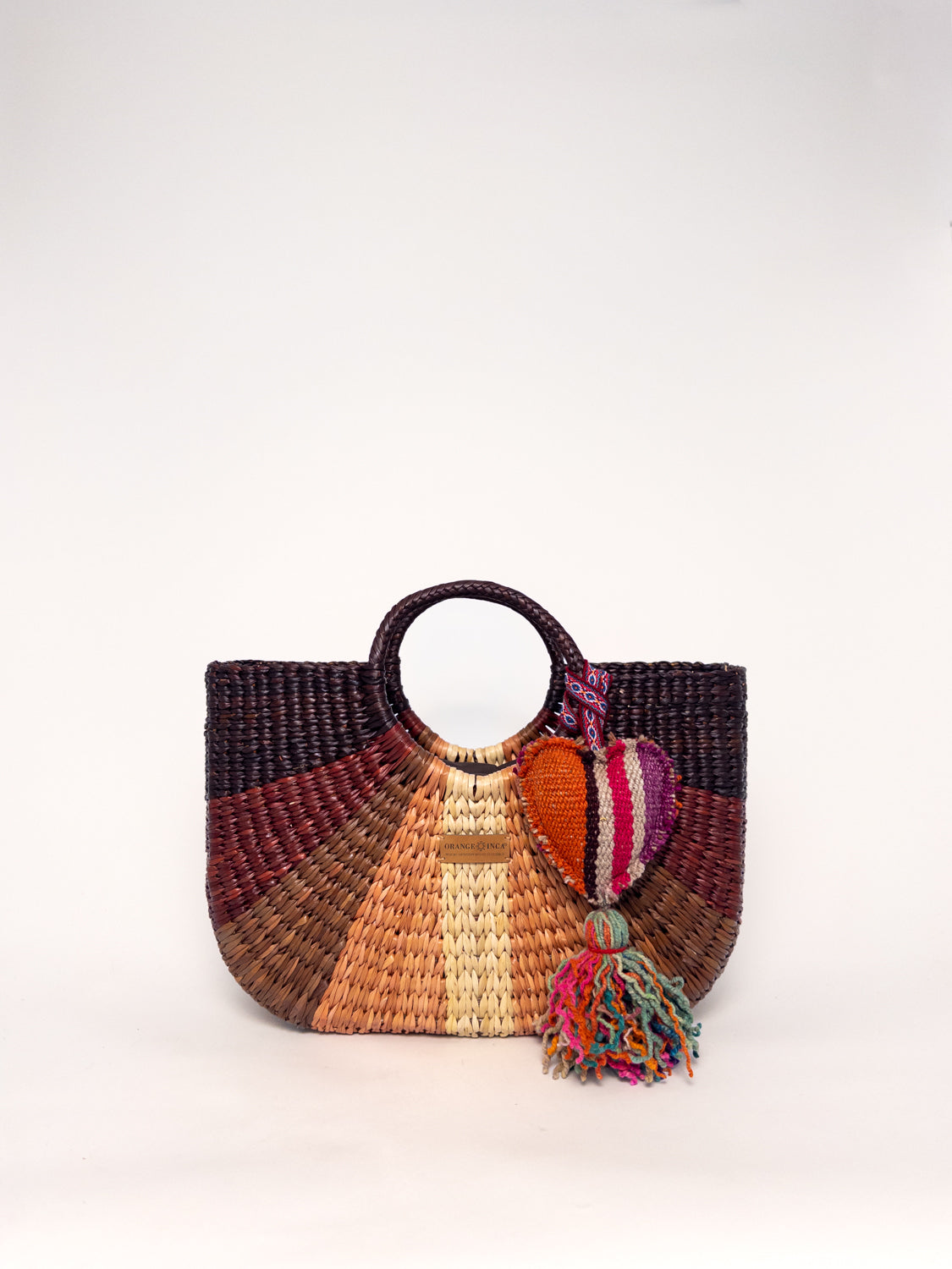 Gran Fiesta Crossbody Tote - Striped Browns and Natural, handwoven junco tote bag with structured handles and tassel.