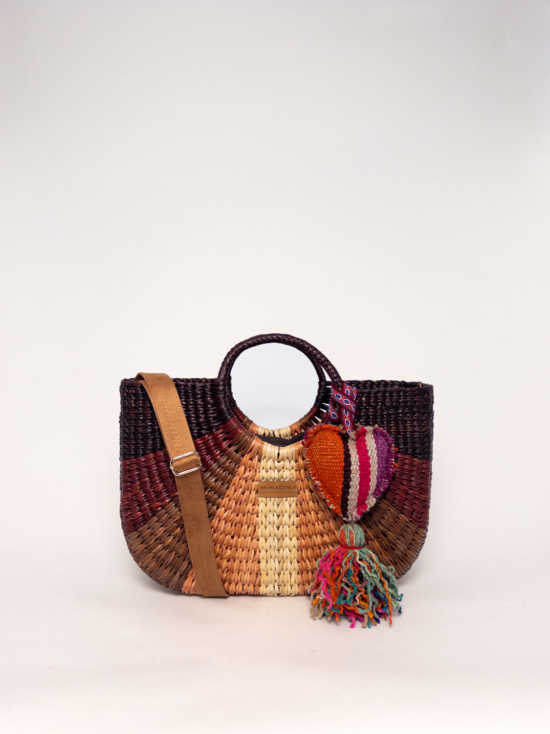 Gran Fiesta Crossbody Tote - Striped Browns and Natural, handwoven junco tote bag, structured handbag, colorful tassel, adjustable strap