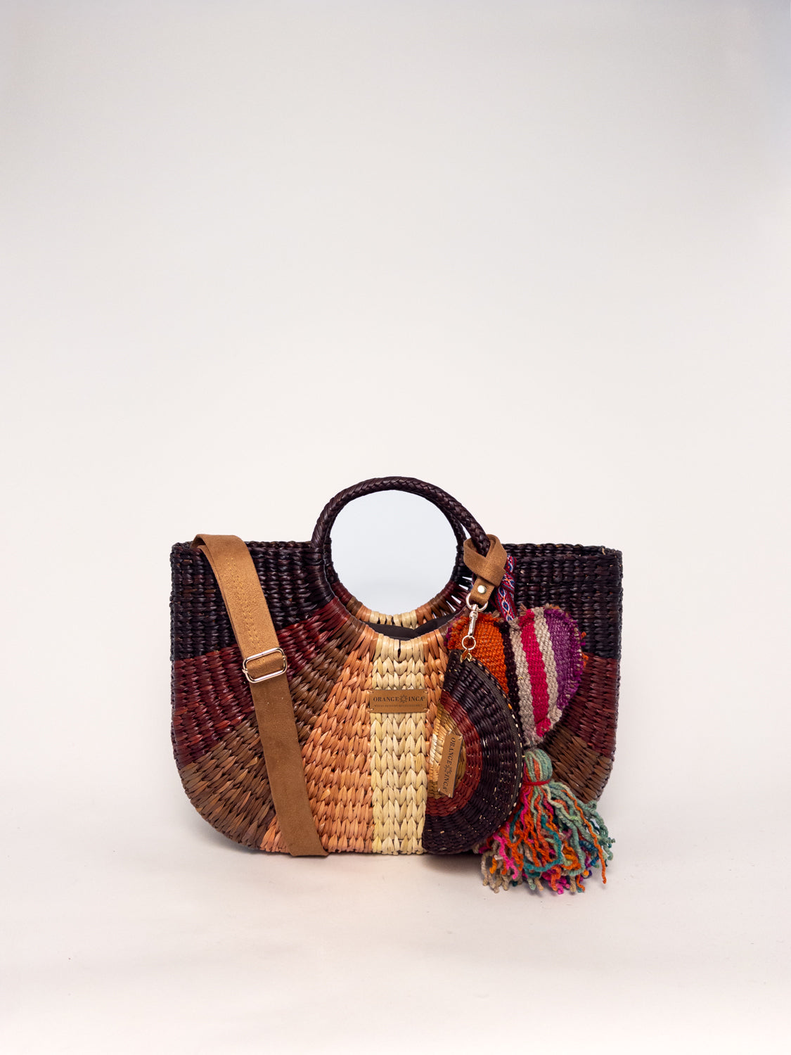 Gran Fiesta Crossbody Tote - Striped Browns and Natural, handwoven junco tote bag, structured handbag, with strap and tassel.