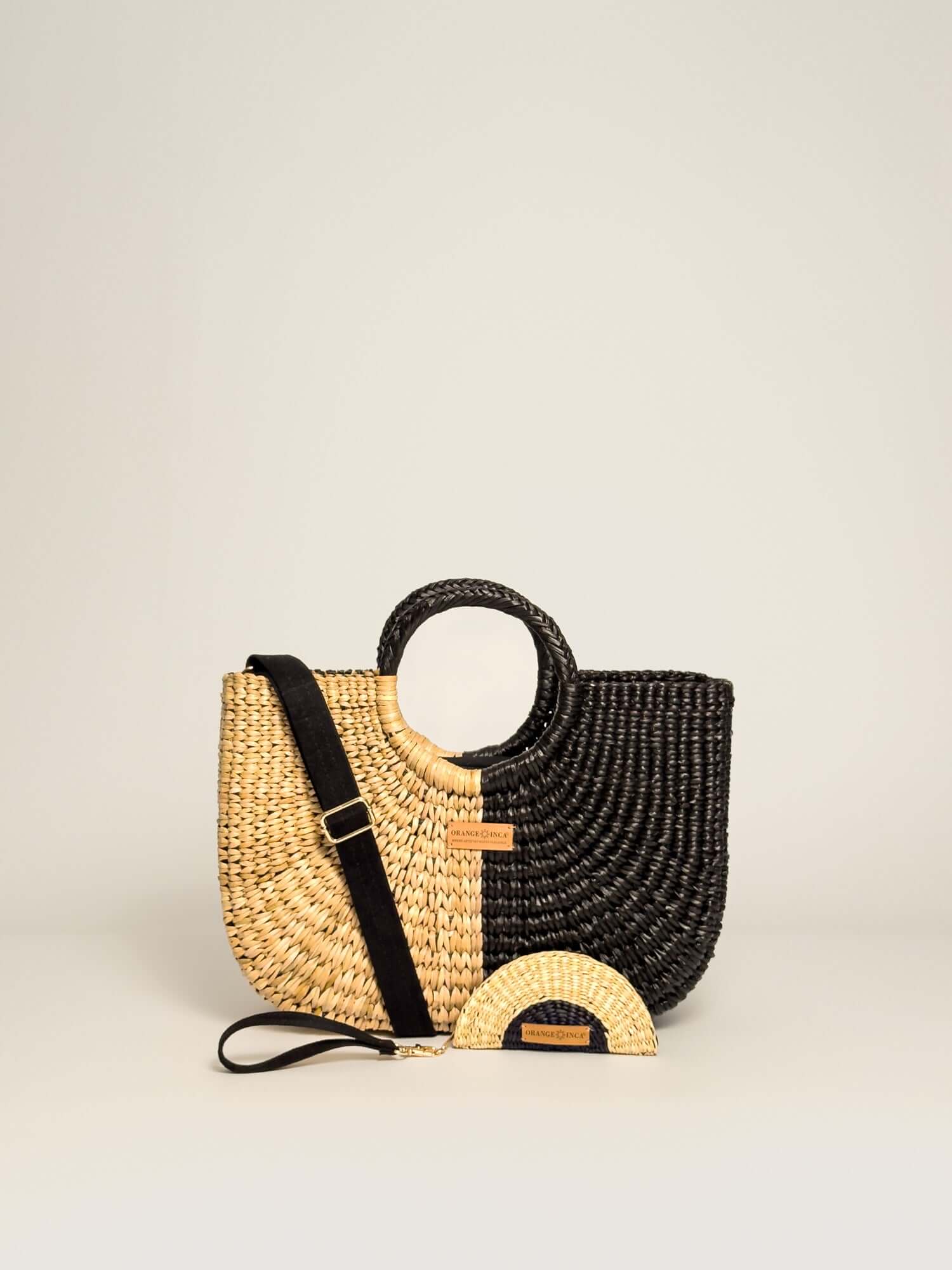 Orange Inca Gran Fiesta handwoven straw tote - sustainable luxury beach bag |Half Black Half Natural