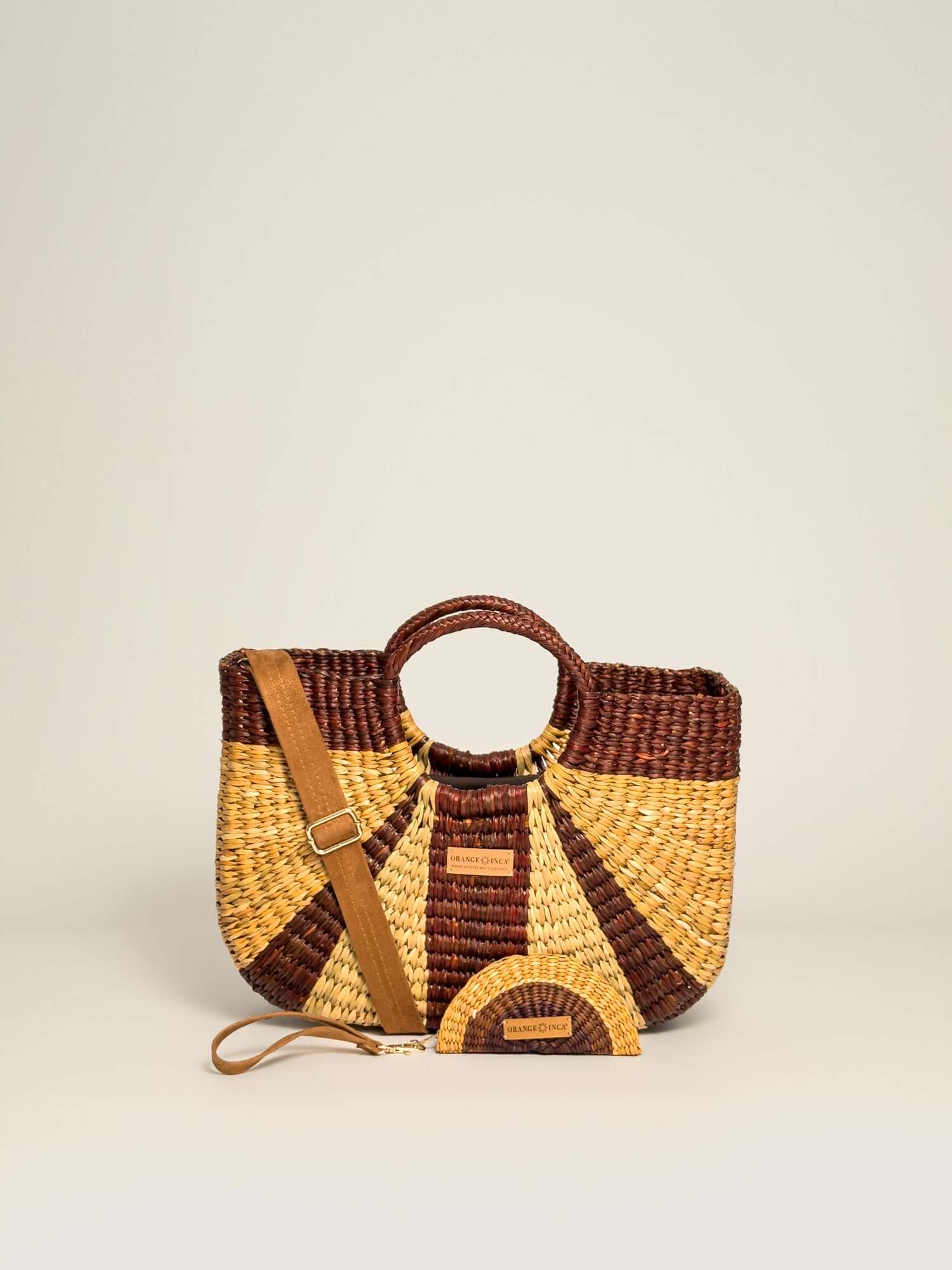 Orange Inca Gran Fiesta handwoven straw tote - sustainable luxury beach bag |Natural and Browns