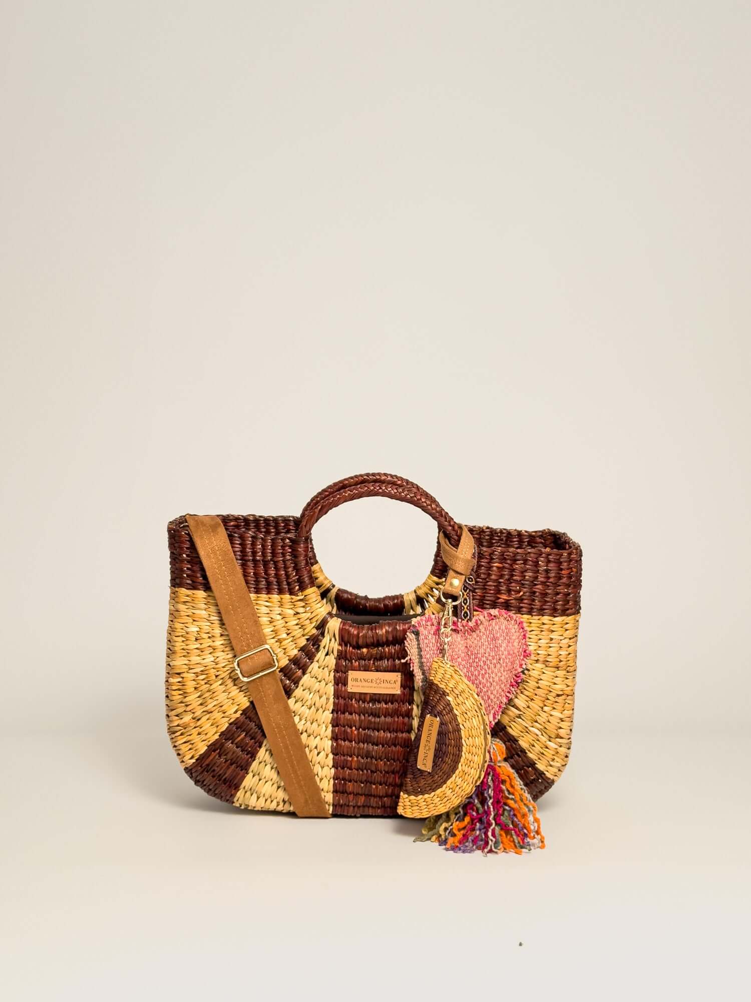 Orange Inca Handwoven straw tote with coin purse and tassel |Natural and Browns