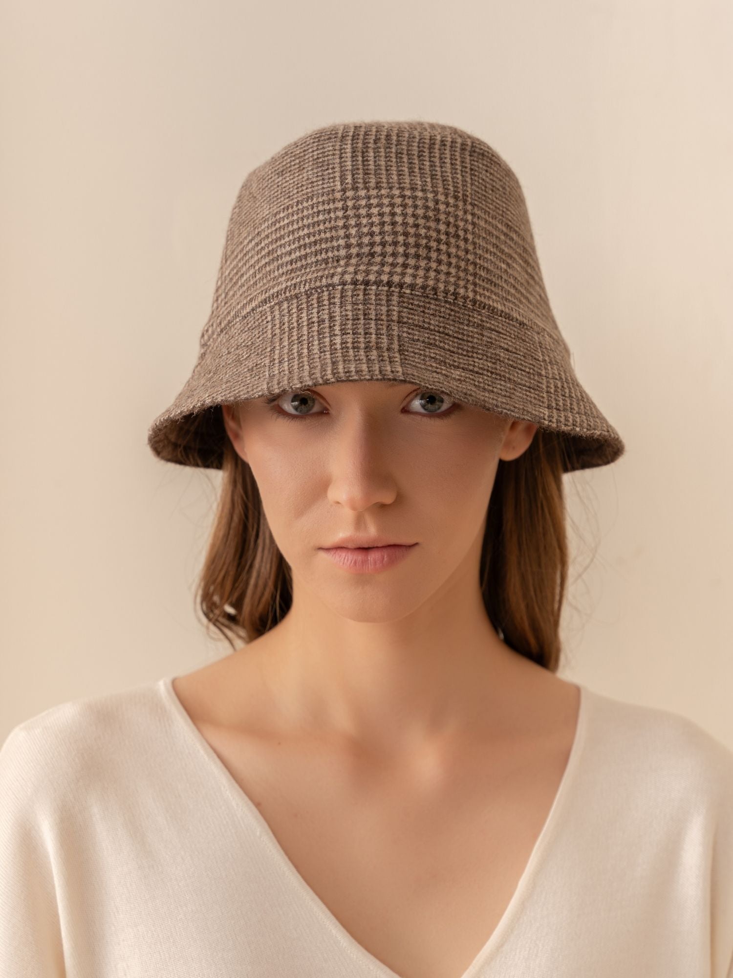 Reversible Baby Alpaca Bucket Hat - Pied de Poule Brown and Beige / Brown
