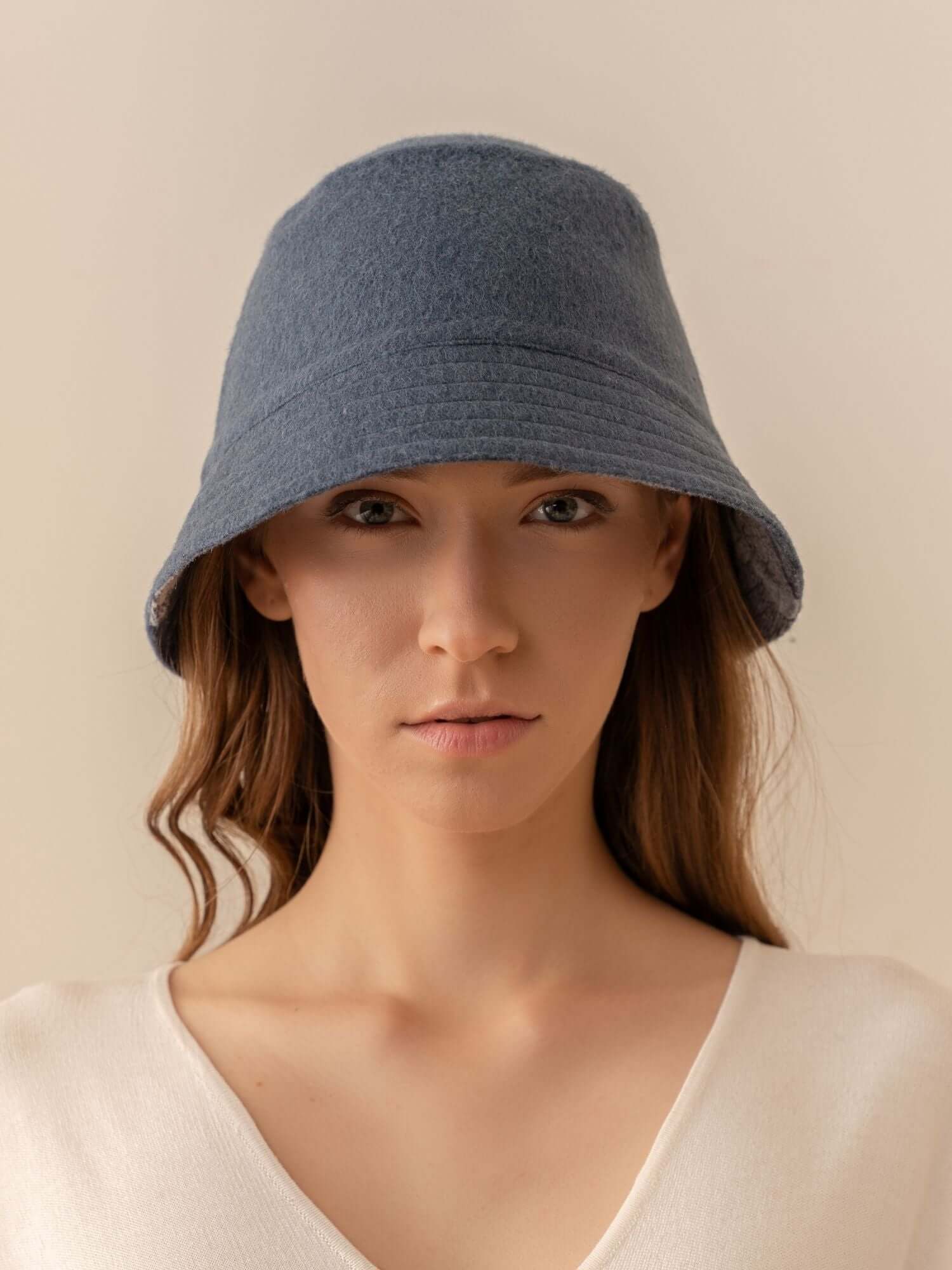Reversible Baby Alpaca Bucket Hat - Plaid Blue and Sky Blue / Steal Blue