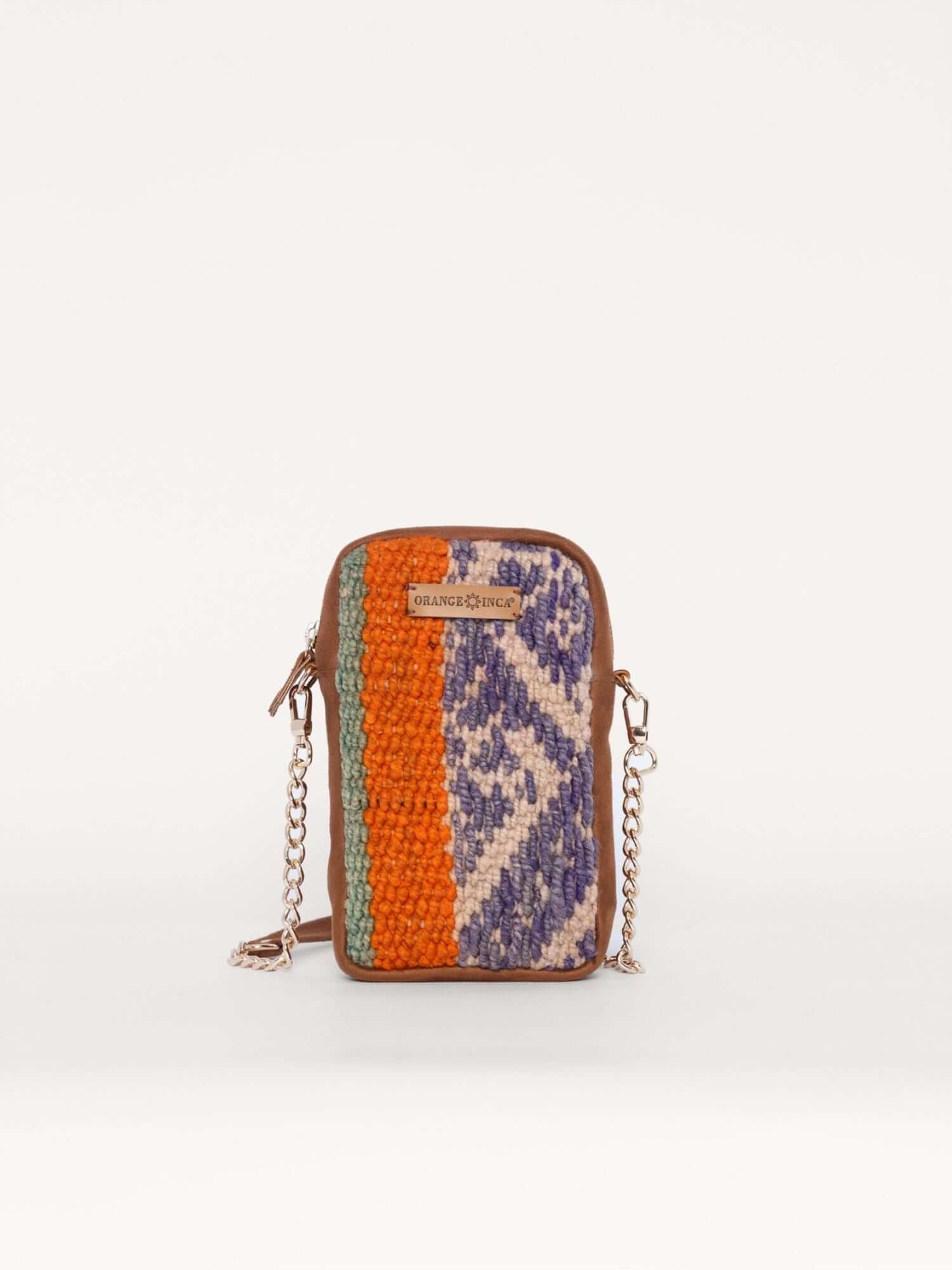 Boho-style mini phone bag with camel suede sides and handwoven wool front – artisan-crafted and compact