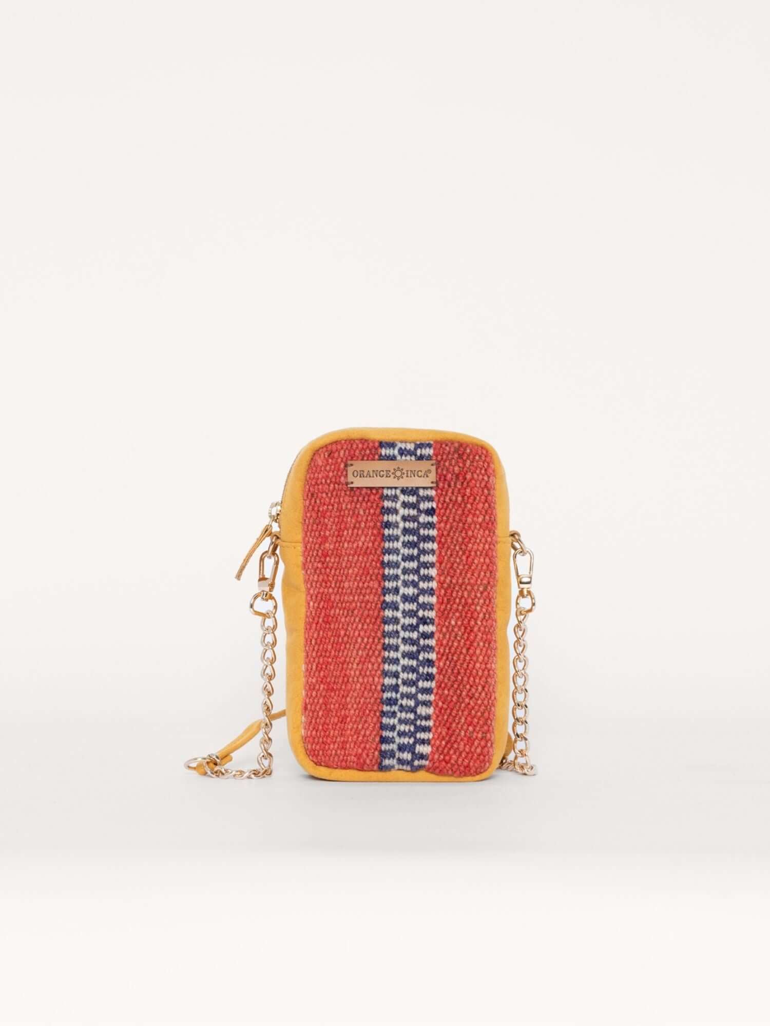 Yellow suede phone wallet crossbody with colourful wool front – small and stylish handmade mobile bag