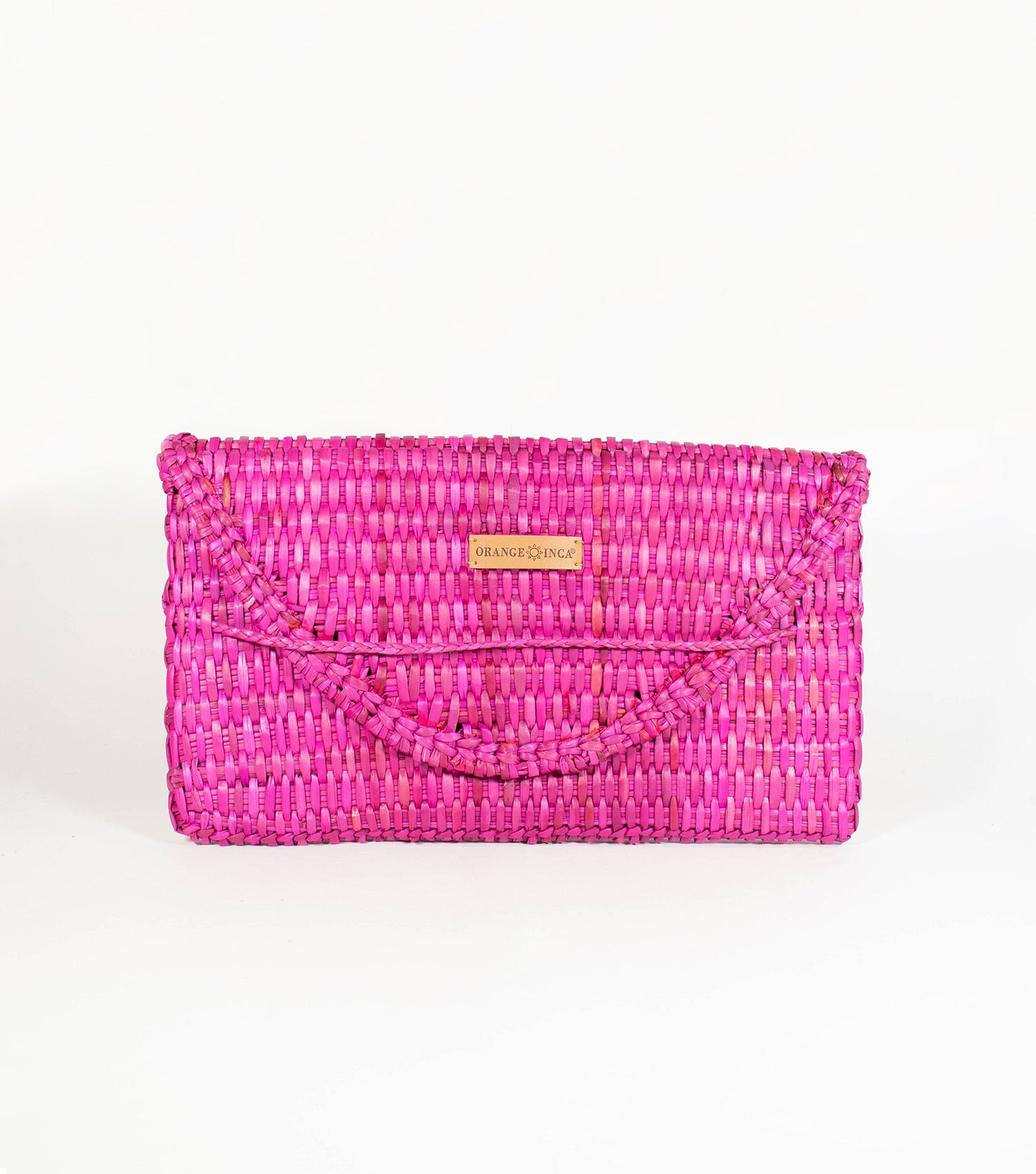 Lima Clutch front view - radiant Fuchsia-highlighted by its sleek design and the distinct Orange Inca emblem on vegetable leather.