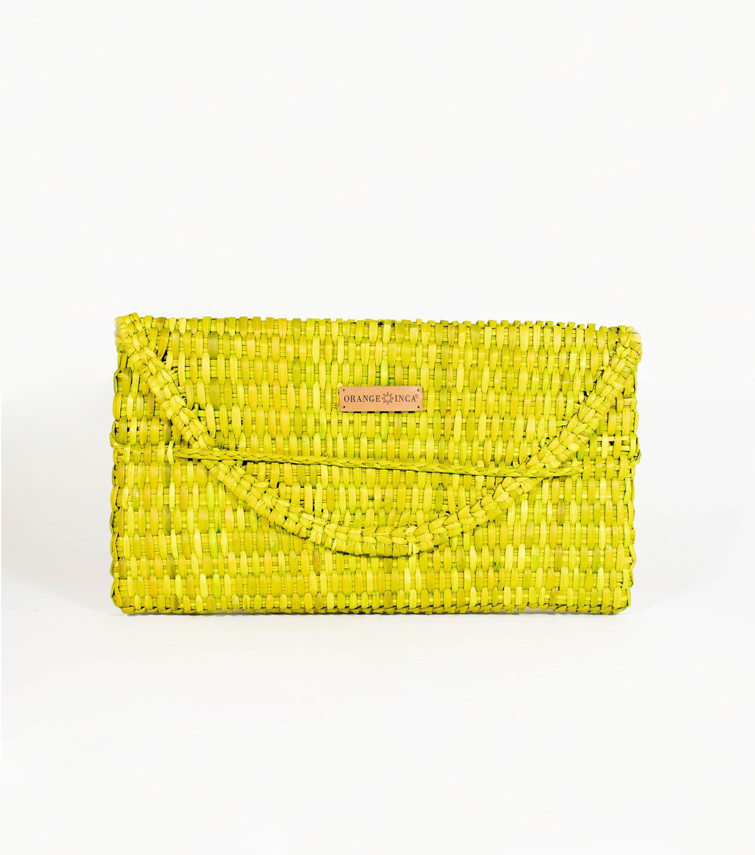 Lima Clutch front view - radiant Green Lime highlighted by its sleek design and the distinct Orange Inca emblem on vegetable leather.