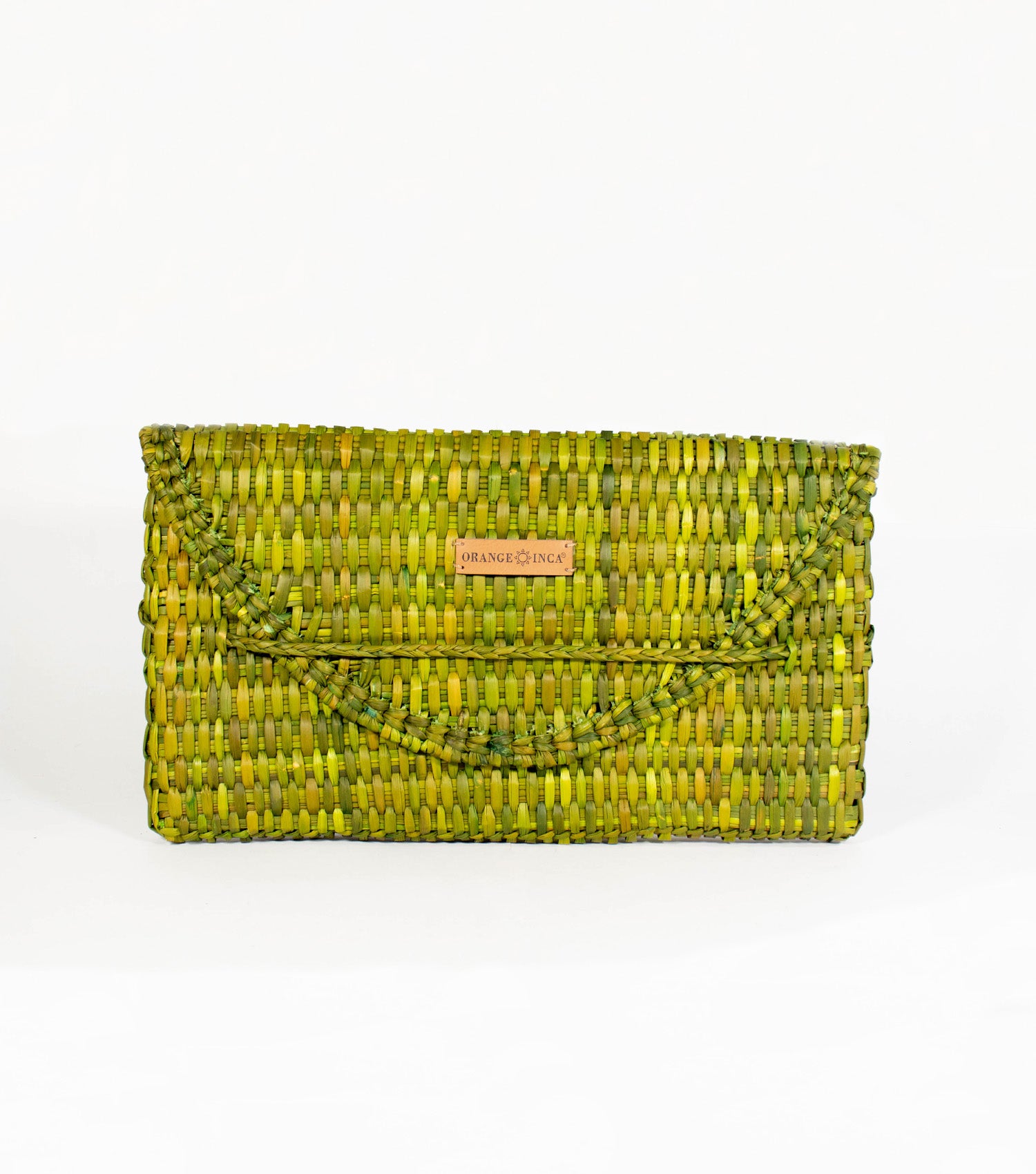 Lima Clutch front view - radiant Green Moss  highlighted by its sleek design and the distinct Orange Inca emblem on vegetable leather.