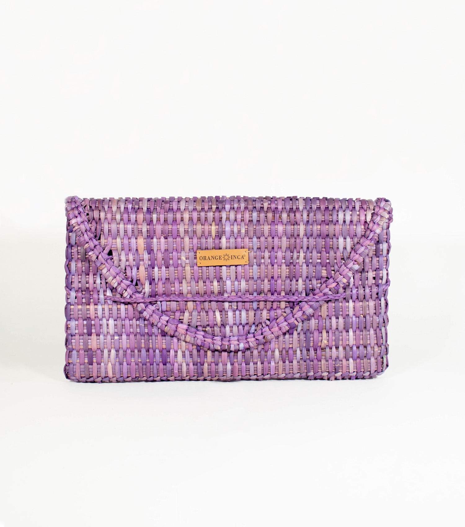 Lima Clutch front view - radiant Lilac  highlighted by its sleek design and the distinct Orange Inca emblem on vegetable leather.