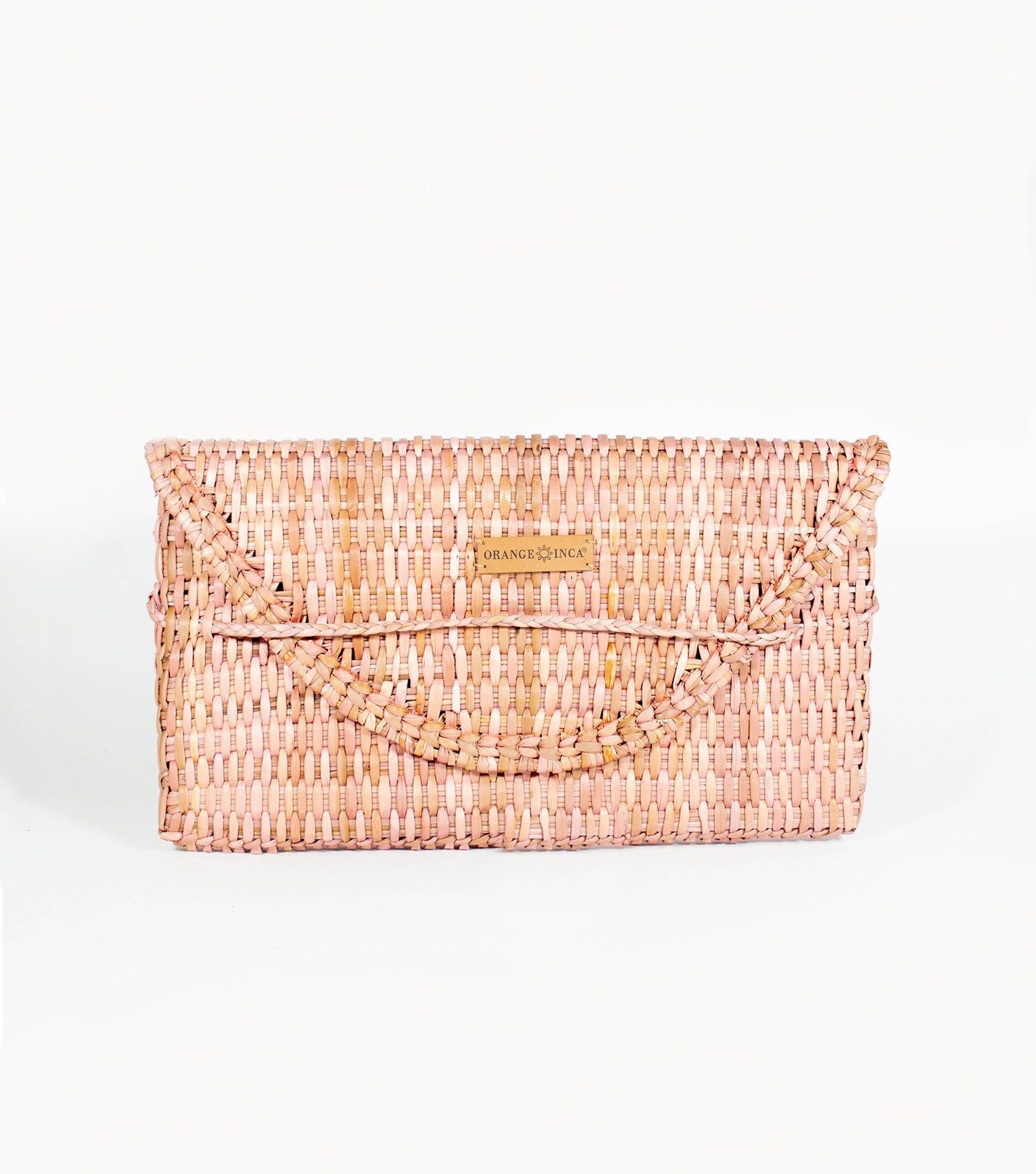 Lima Clutch front view - radiant Pale Rose  highlighted by its sleek design and the distinct Orange Inca emblem on vegetable leather.