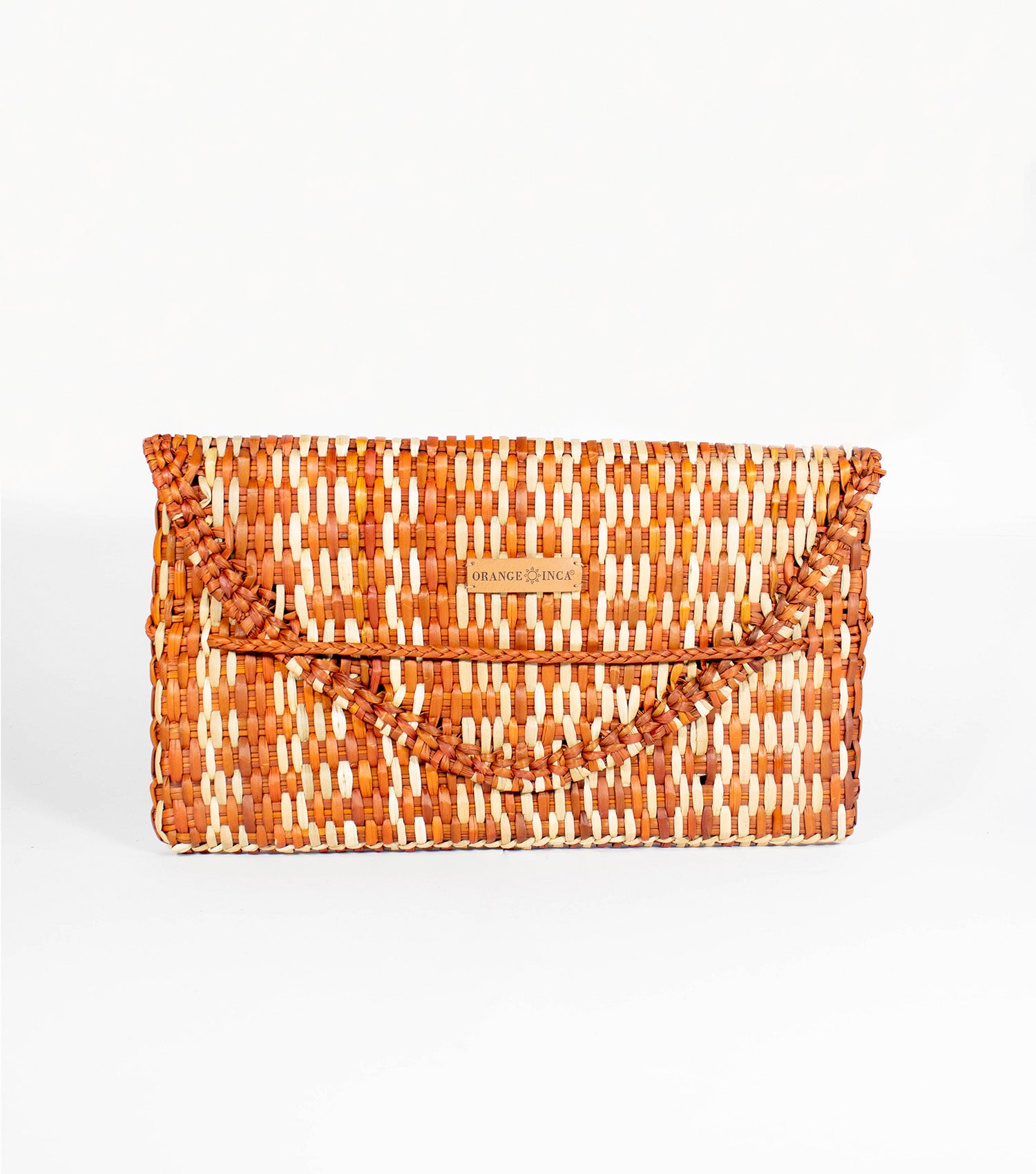 Lima Clutch front view - radiant Terracota Natural Marbled highlighted by its sleek design and the distinct Orange Inca emblem on vegetable leather.