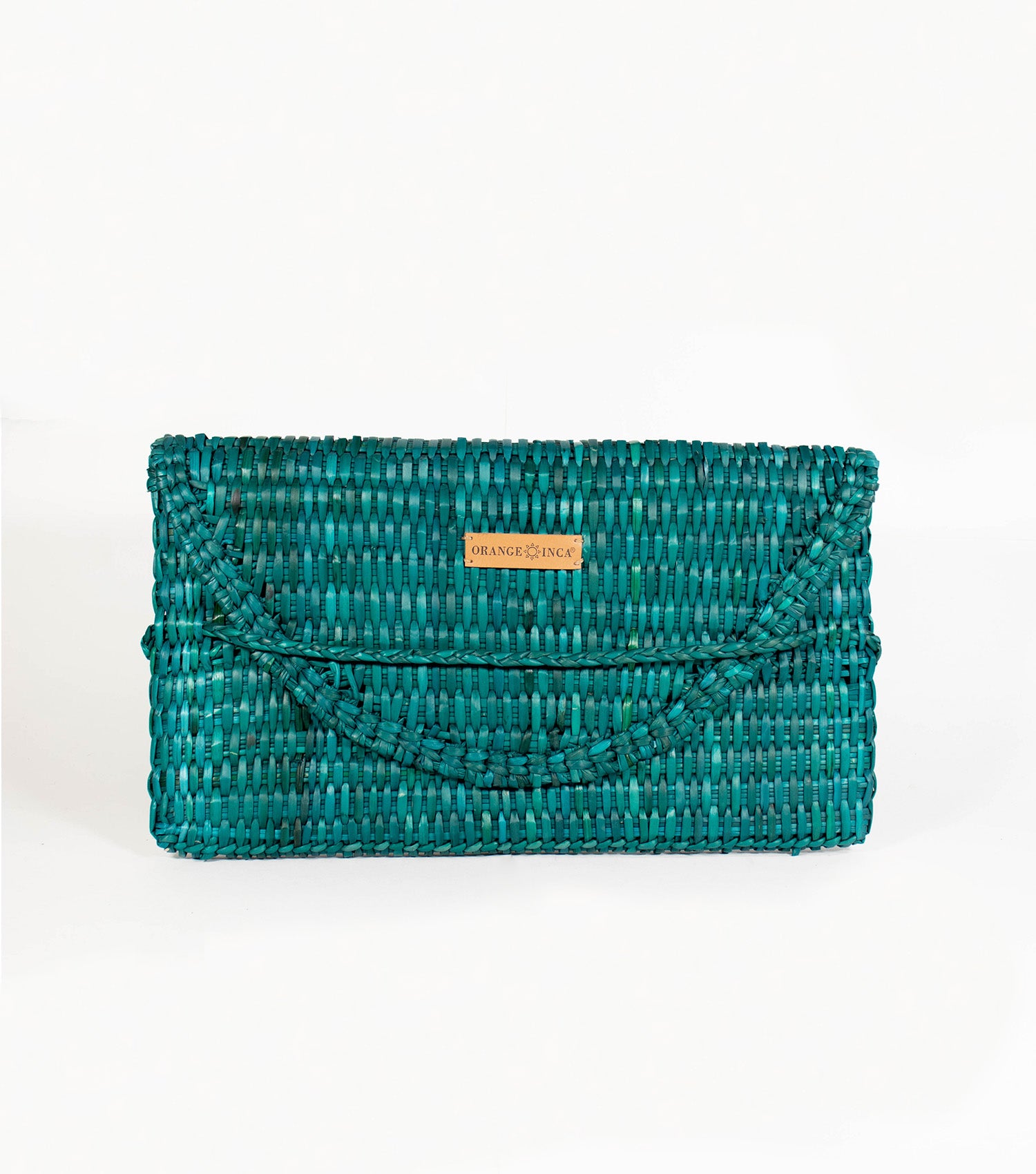 Lima Clutch front view - radiant Turquoise highlighted by its sleek design and the distinct Orange Inca emblem on vegetable leather.