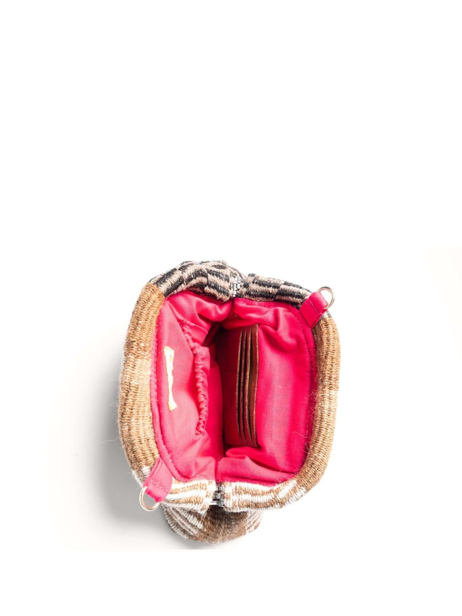 Interior of Luna Clutch with fuchsia lining – zip pocket and card holder inside artisan alpaca wool purse