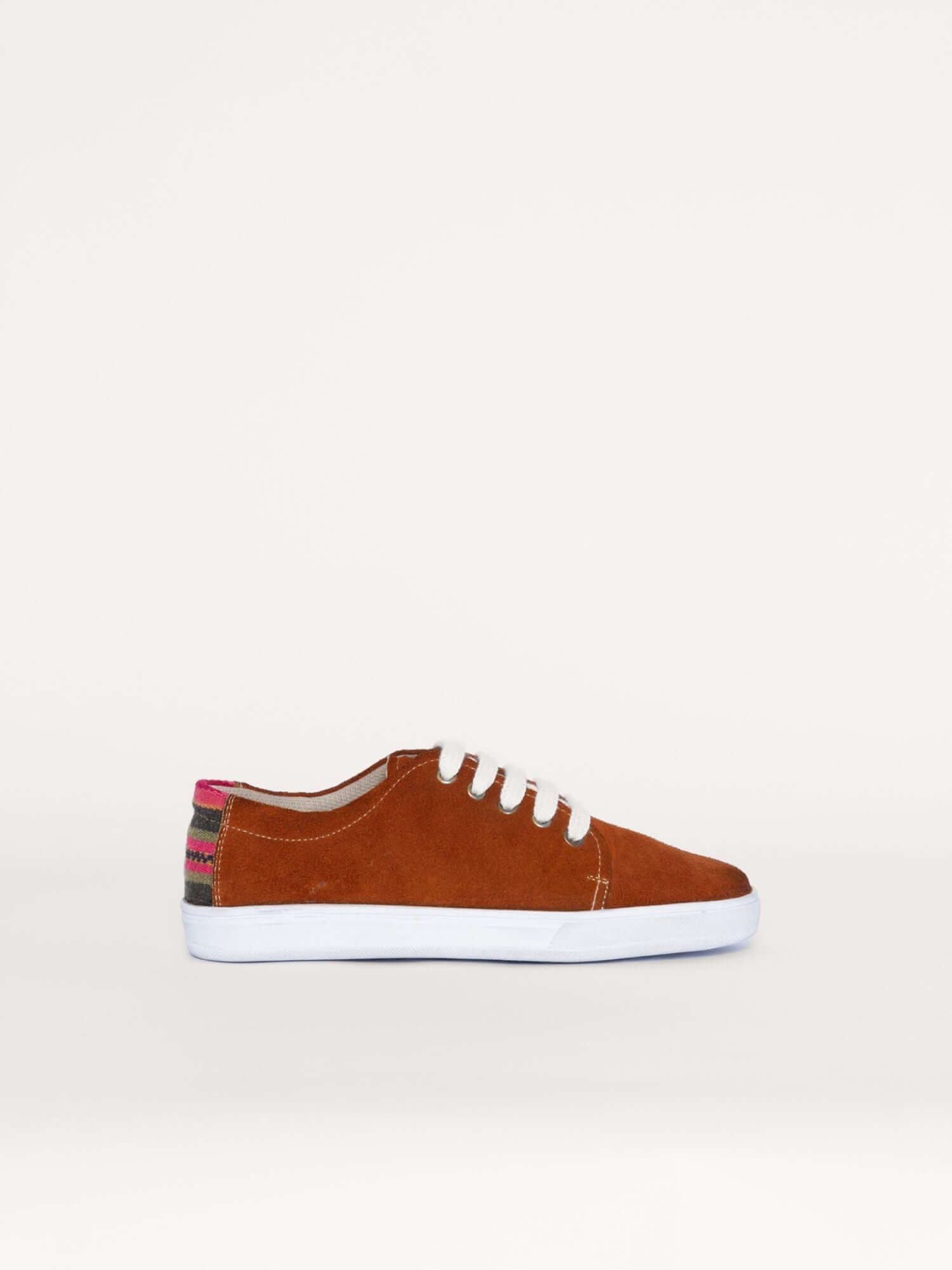 Camel brown leather sneakers for women and men with handwoven wool panels, side view.