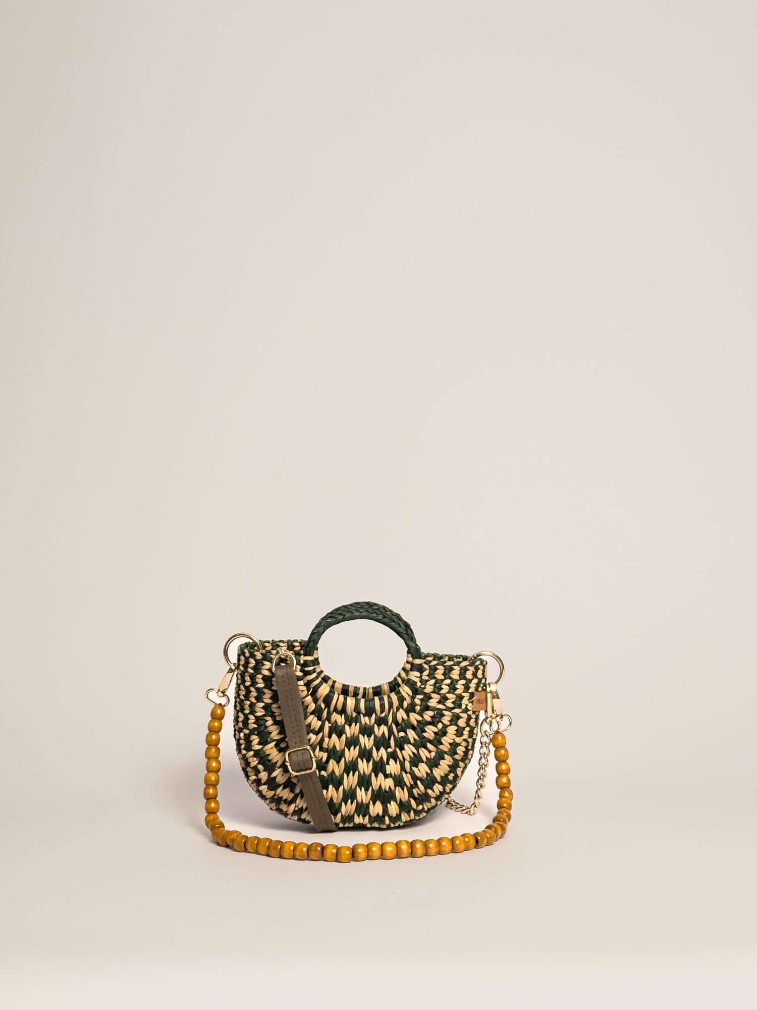 Designer straw crossbody bag by Orange Inca - summer mini purse | Checkered Olive Green