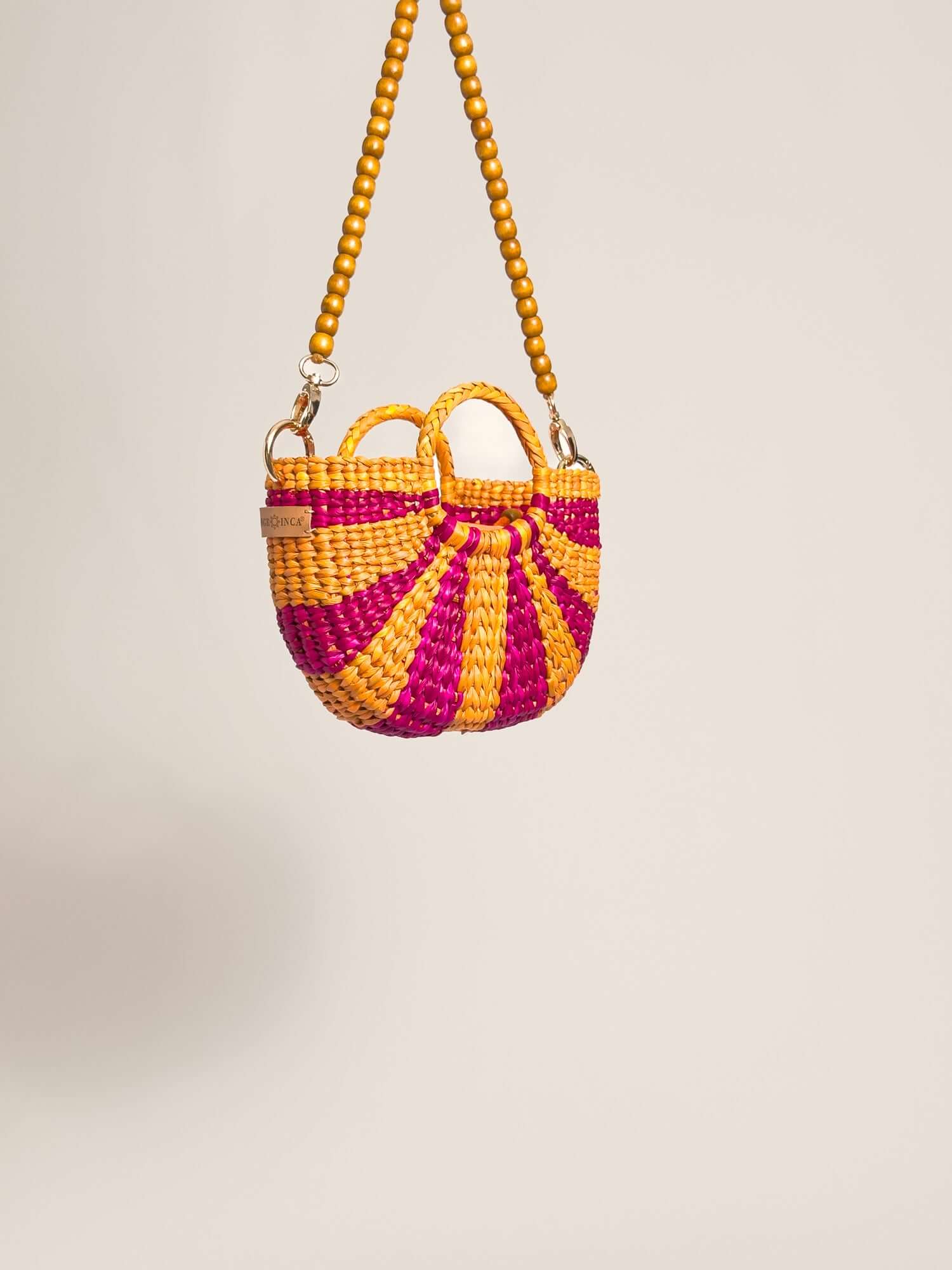 Designer mini crossbody with wooden beads strap | Striped Fuchsia and Orange 