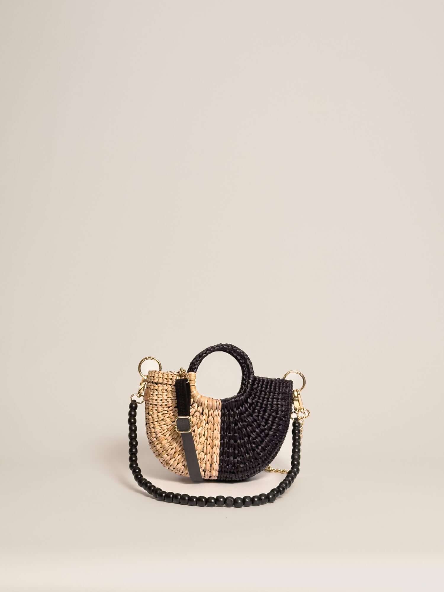 Designer straw crossbody bag by Orange Inca - summer mini purse | Half Black Half Natural