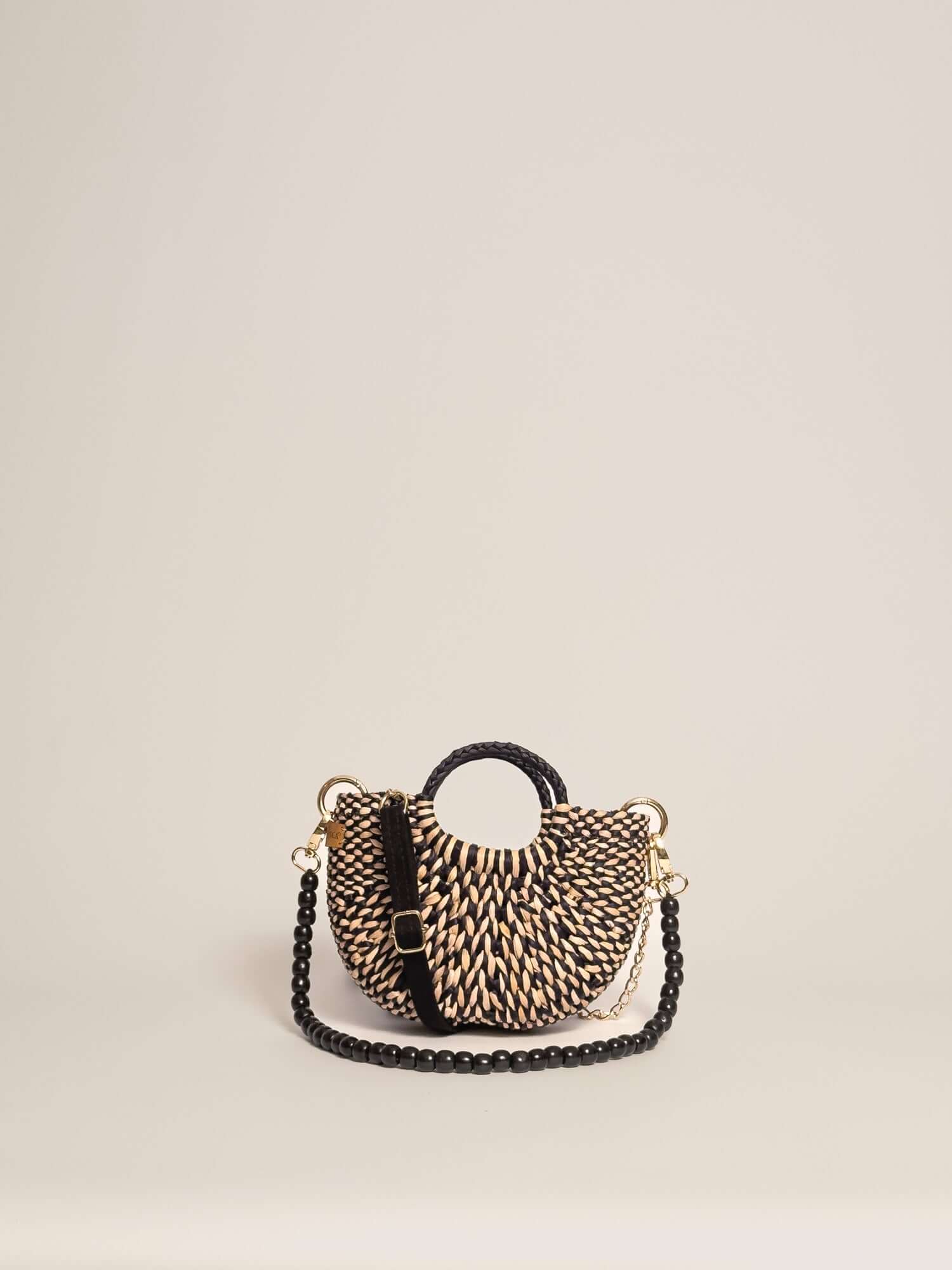 Designer straw crossbody bag by Orange Inca - summer mini purse | Marbled Black