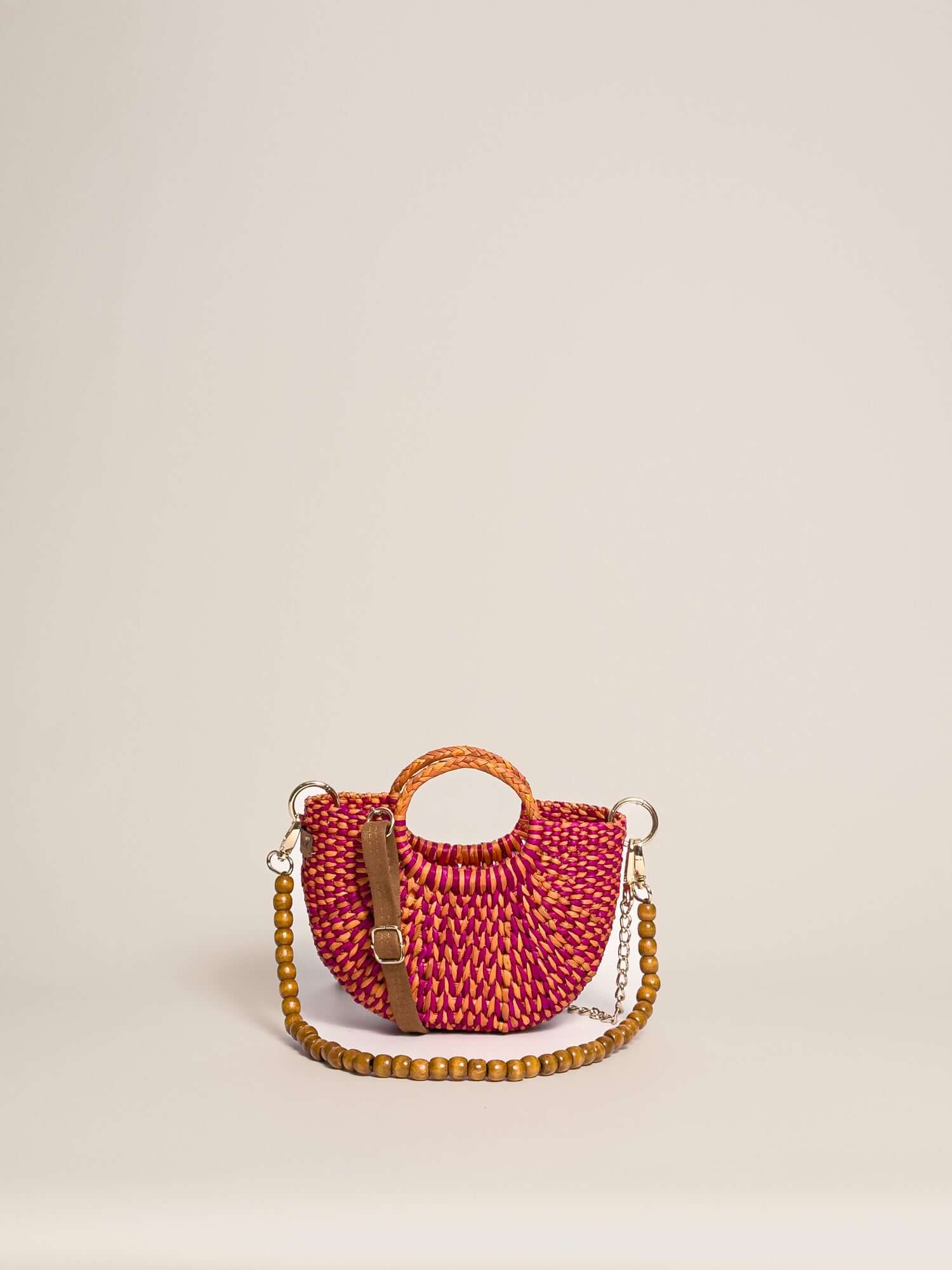 Designer straw crossbody bag by Orange Inca - summer mini purse | Marbled Fuchsia Yellow