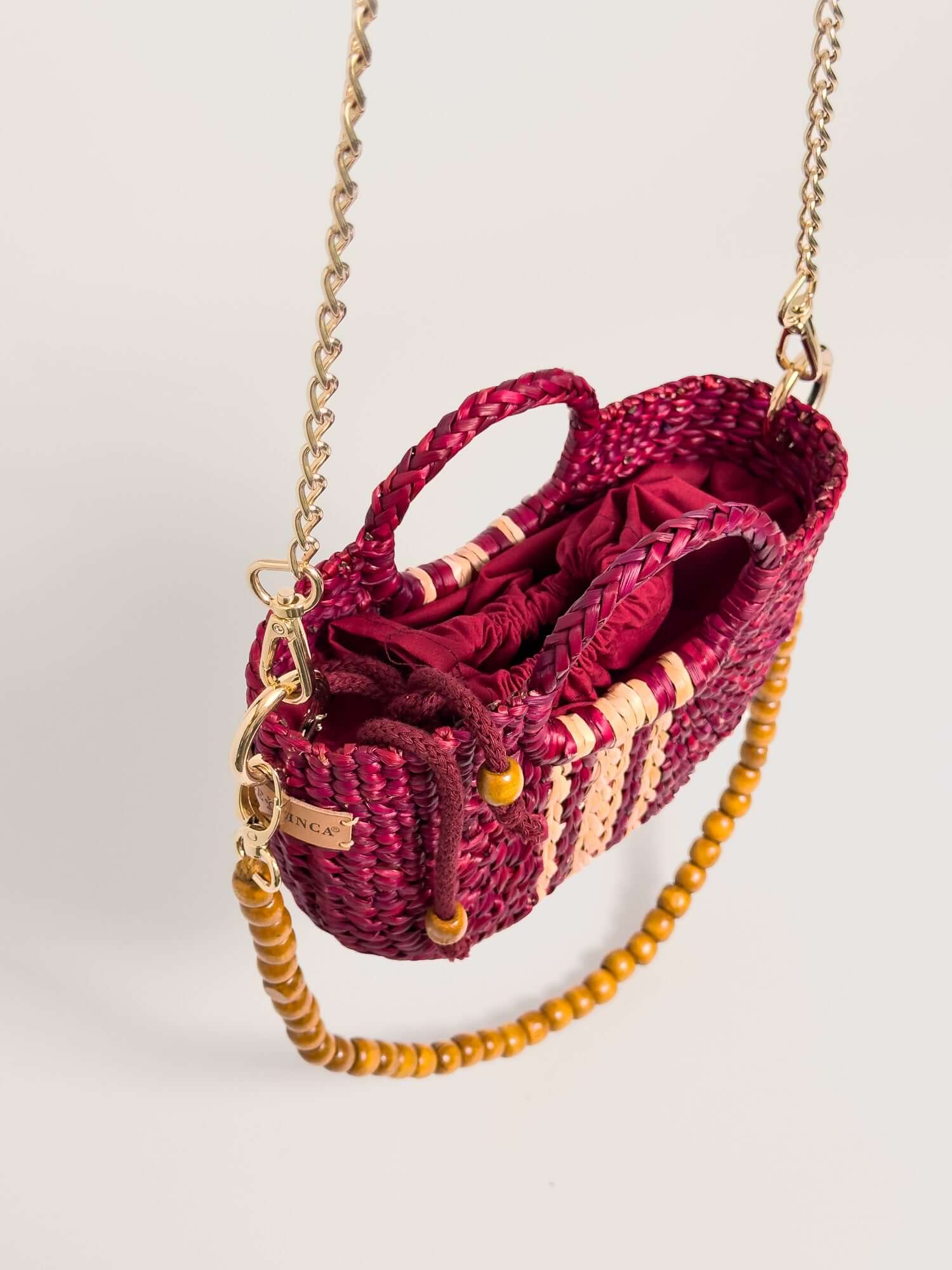 Inside Fiesta Mini reed crossbody bag with premium drawstring closure |Striped Burgundy