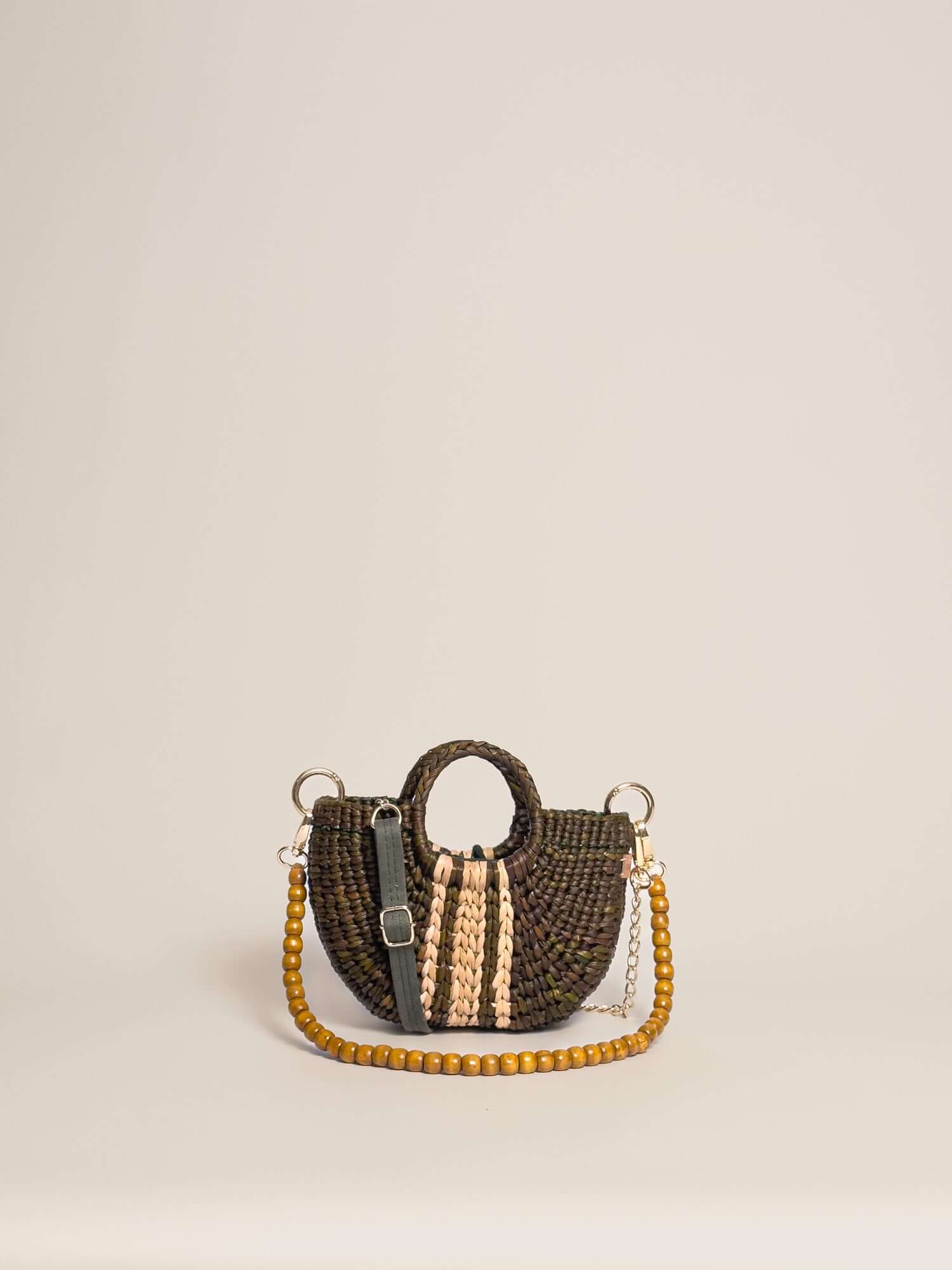 Designer straw crossbody bag by Orange Inca - summer mini purse | Striped Olive Green