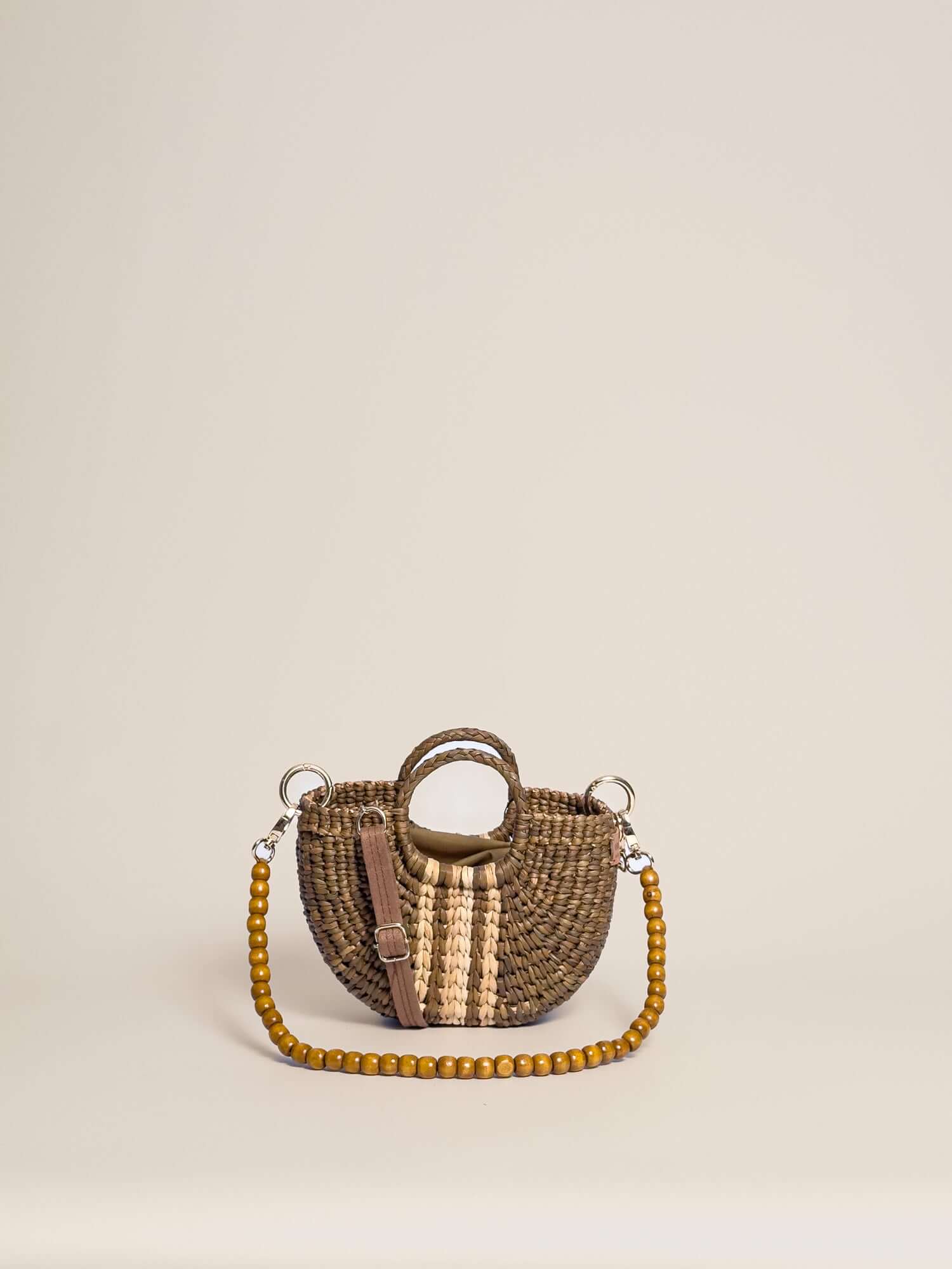 Designer straw crossbody bag by Orange Inca - summer mini purse | Striped Sage Green