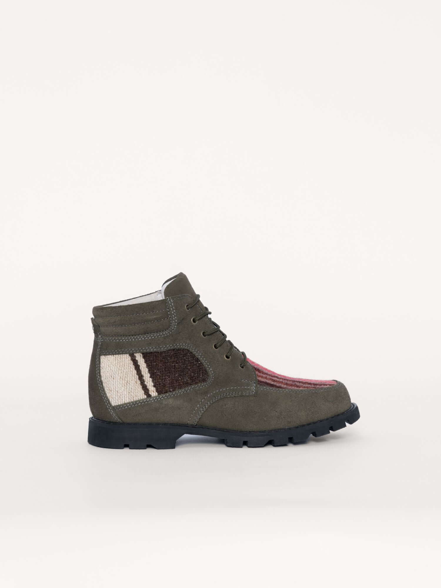 Military green leather ankle boots with handwoven wool panels, side view.