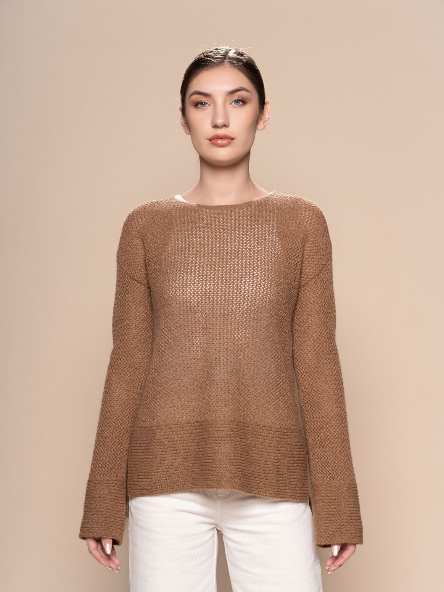Alpaca Open Work Knit Sweater - Camel