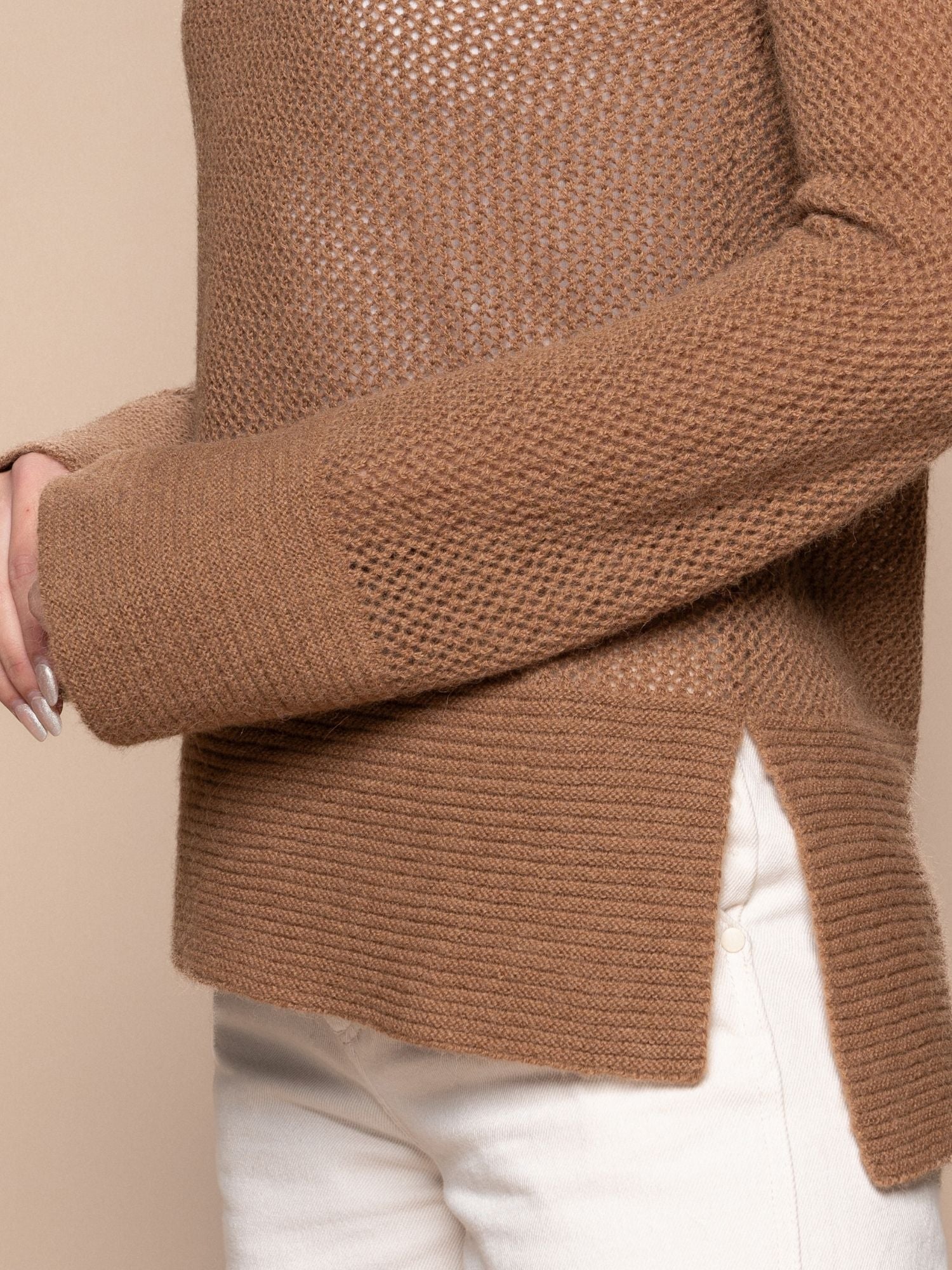 Alpaca Open Work Knit Sweater - Camel
