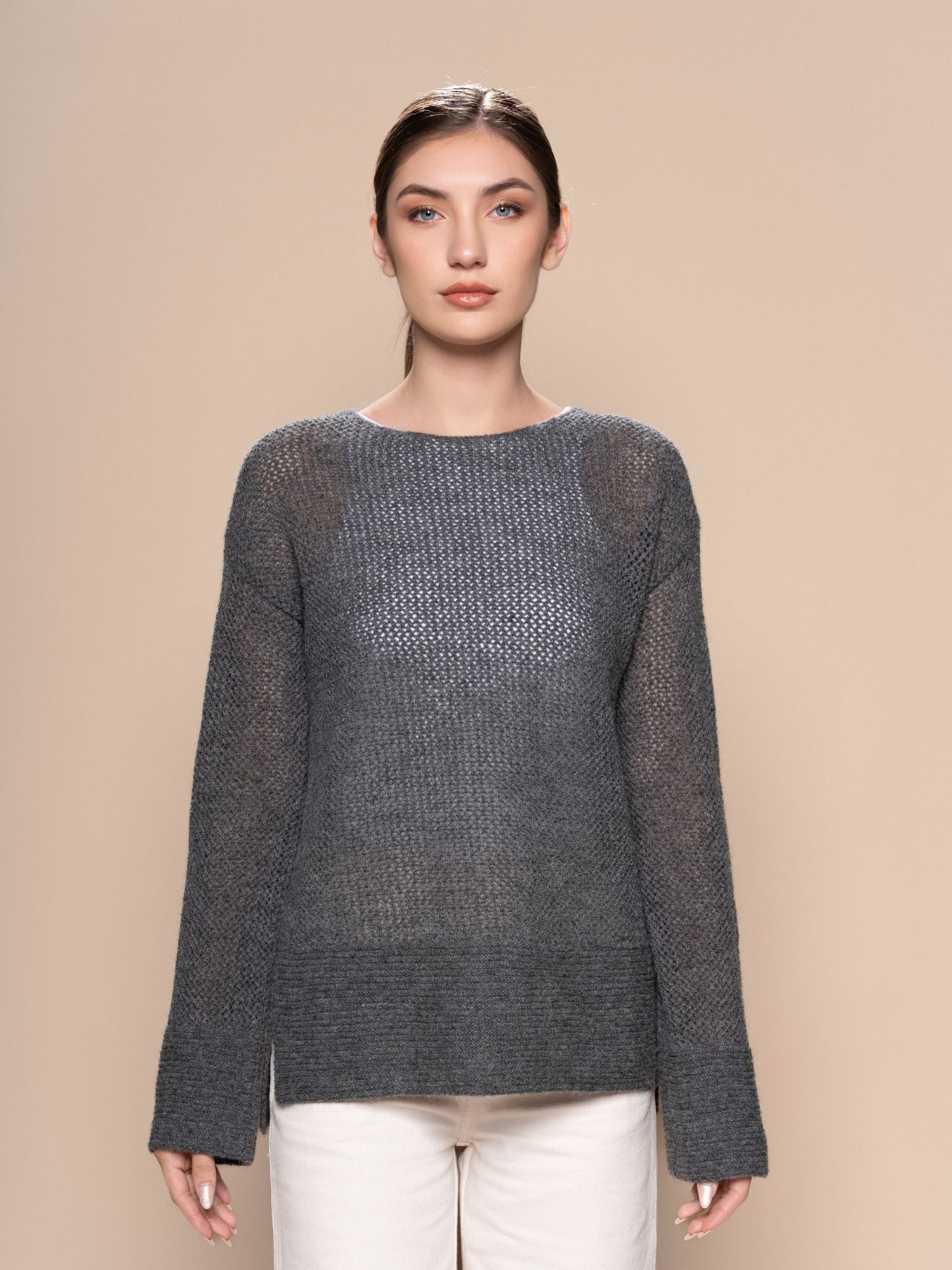 Alpaca Open Work Knit Sweater - Charcoal