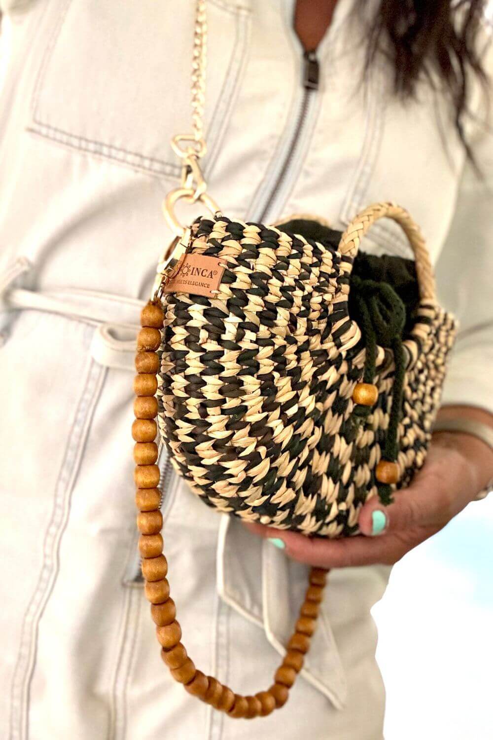 Fiesta Mini Crossbody Straw Bag | Designer Mini Bag | Olive Green and Natural Checkered