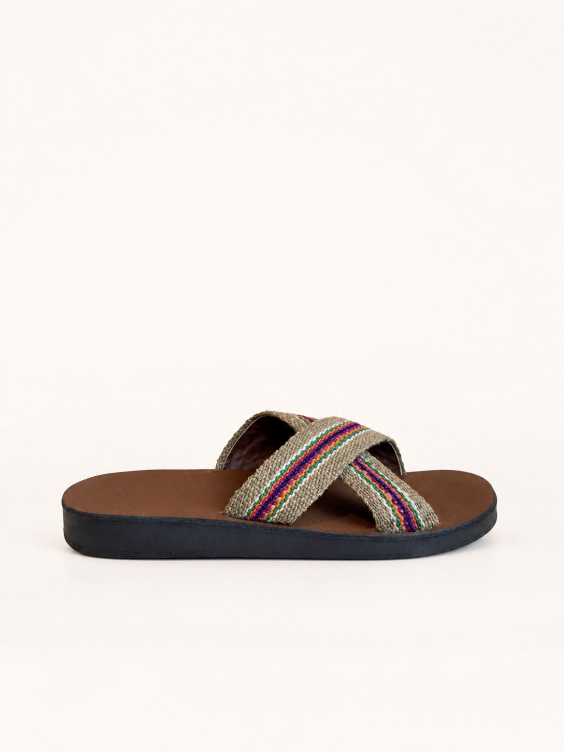 Pisac Cross Sandal in Olive Green and Purple frazada, without back strap – side view | Orange Inca