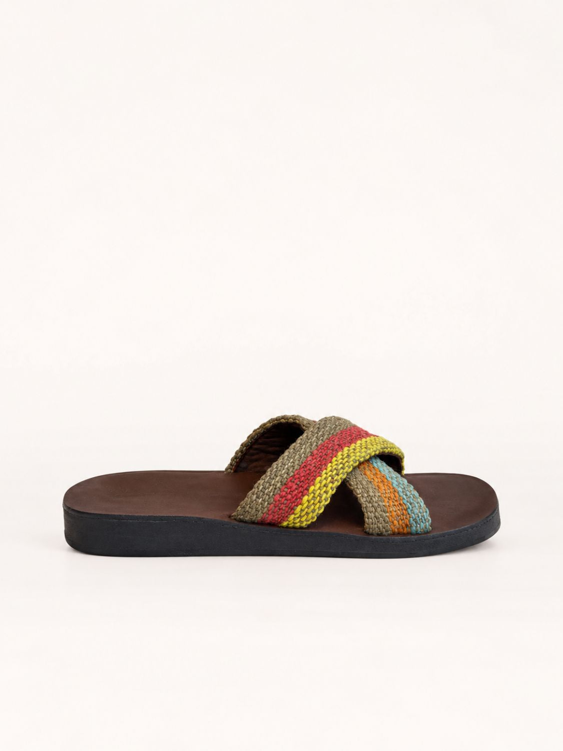 Pisac Cross Sandal in Rainbow frazada, without back strap – side view | Orange Inca