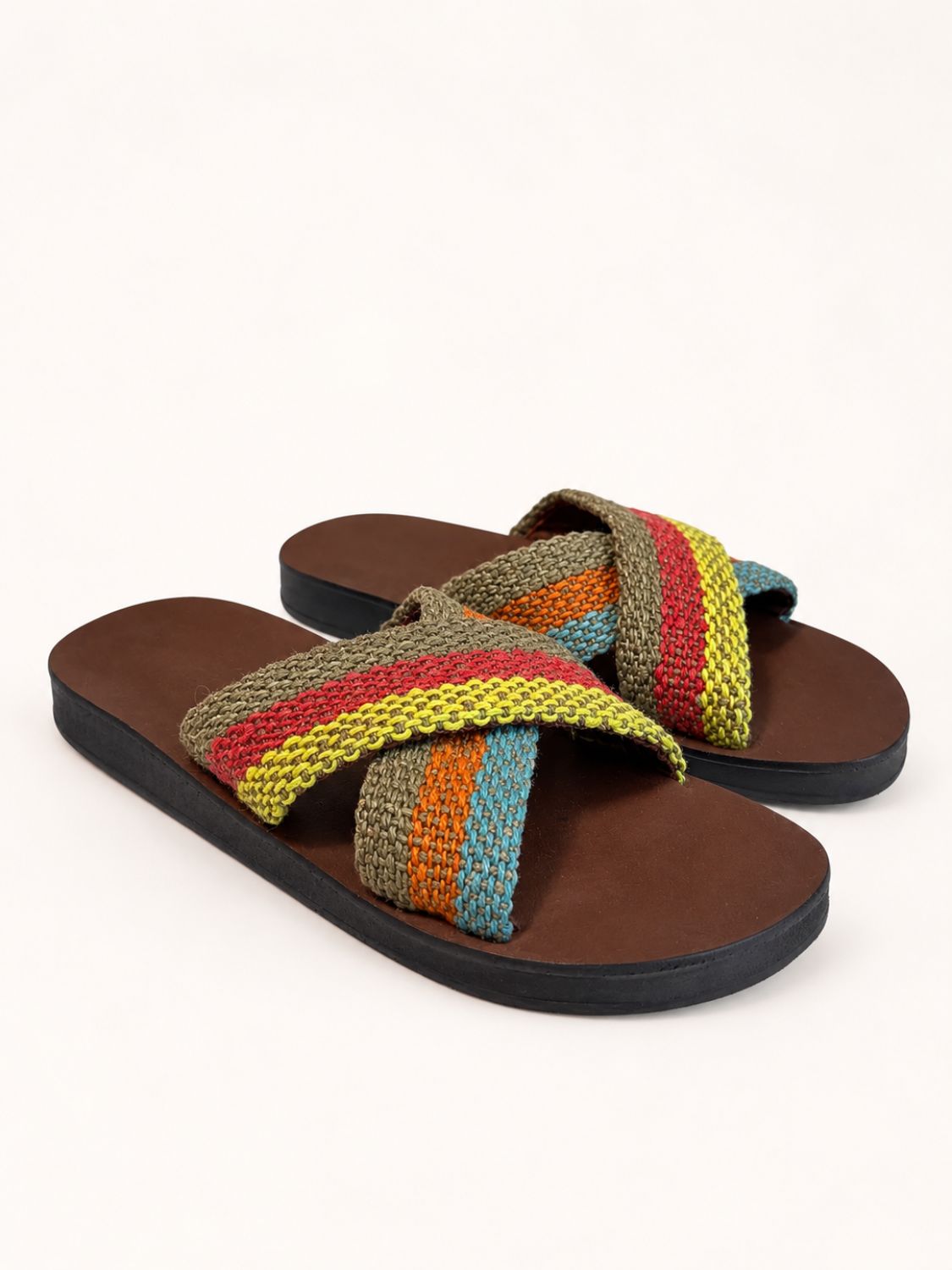 Pair of Pisac Cross Sandals in Rainbow frazada, without back strap | Orange Inca