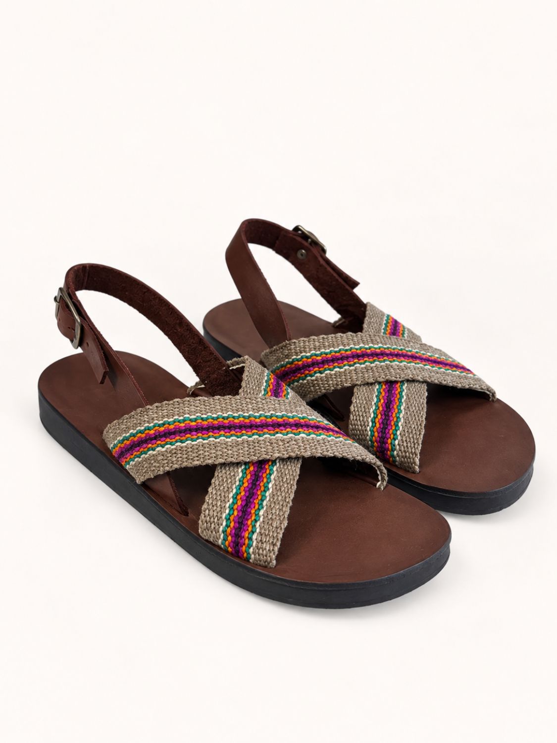 Pair of Pisac Cross Sandals in Olive Green and Purple frazada with back strap | Orange Inca