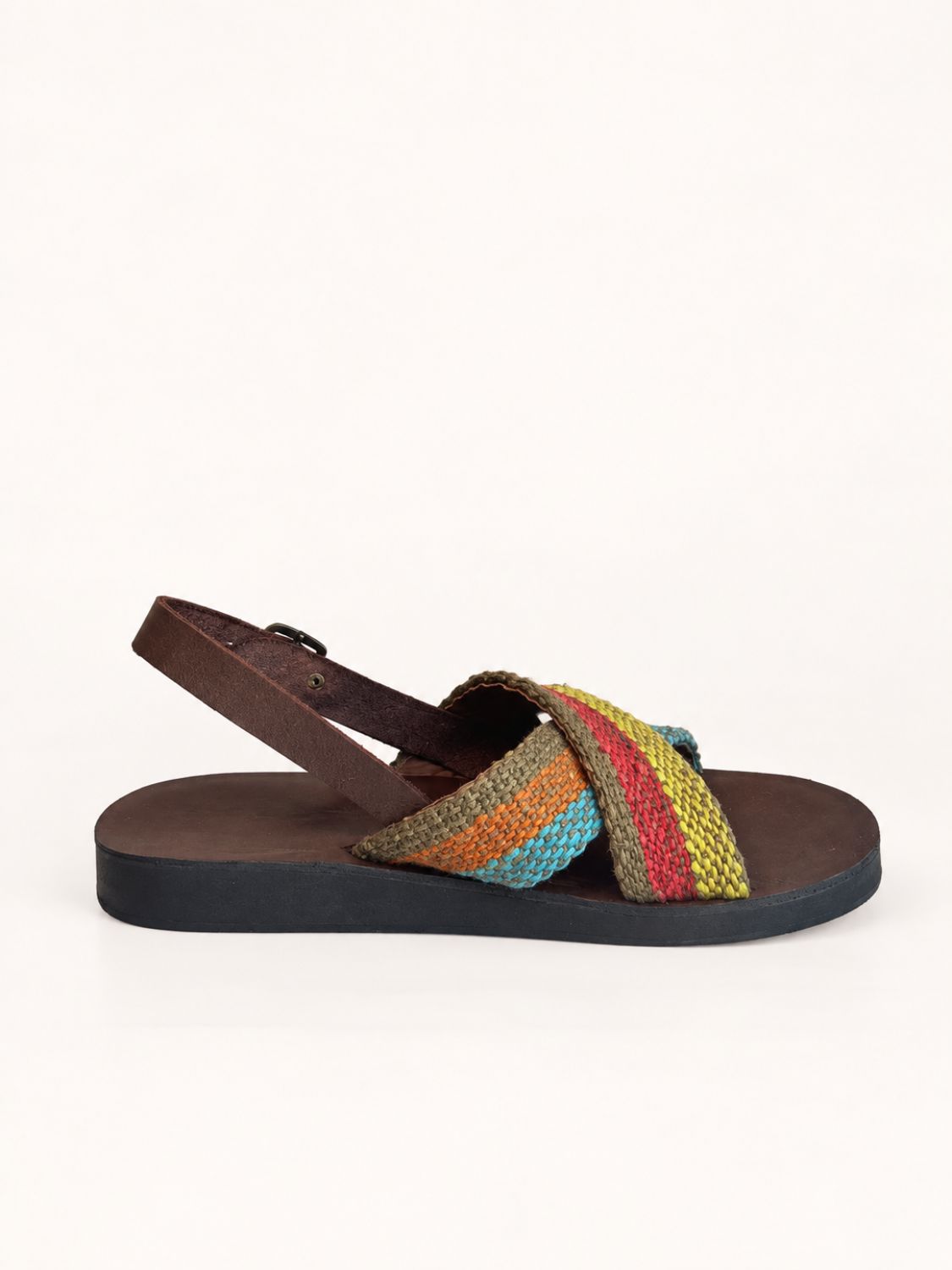 Pisac Cross Sandal in Rainbow frazada with back strap – side view | Orange Inca