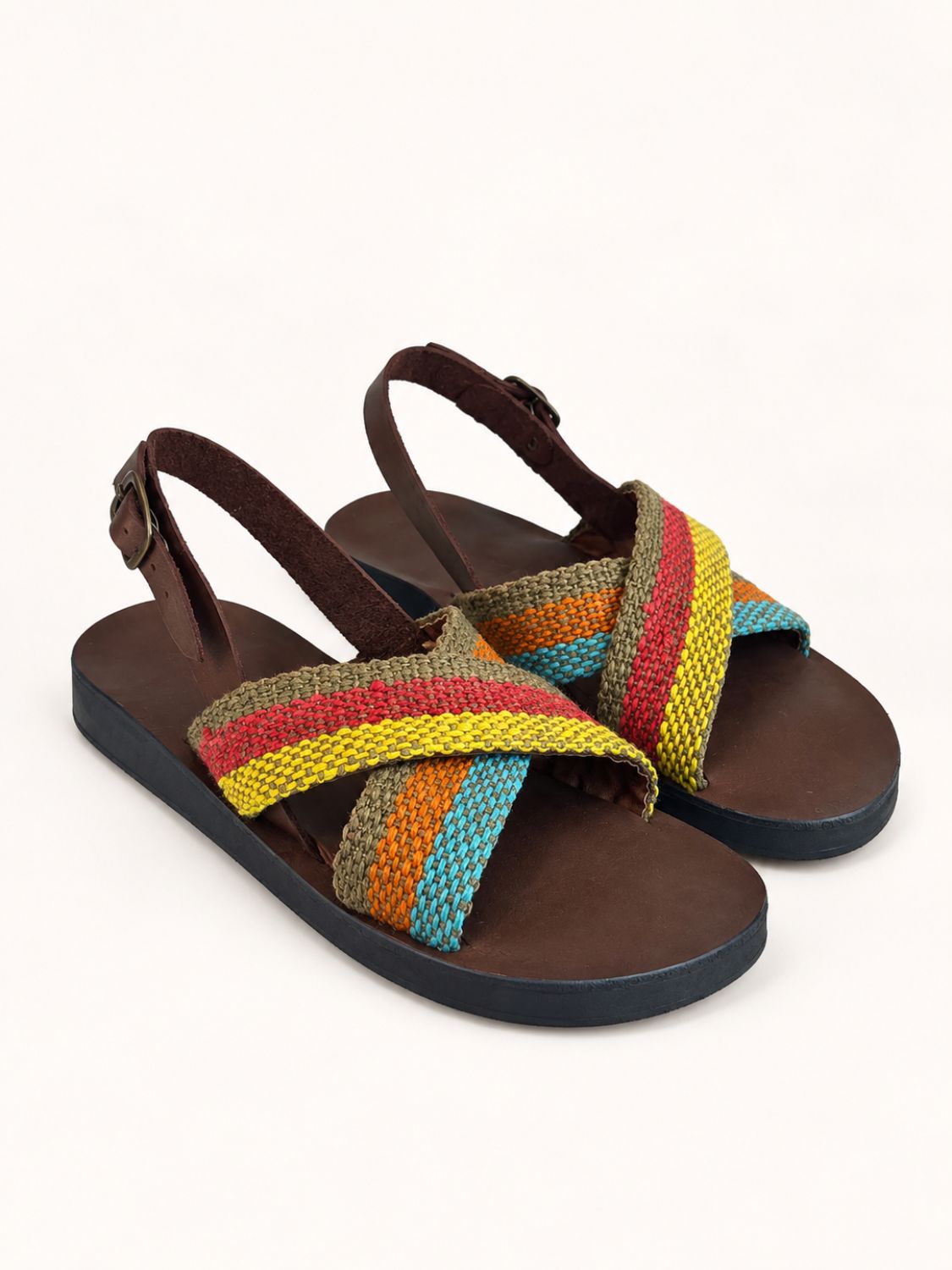 Pair of Pisac Cross Sandals in Rainbow frazada with back strap | Orange Inca