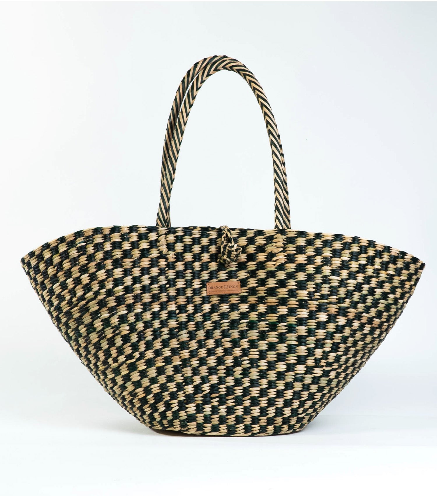 Orange Inca Playa Tote - sustainable beach bag with secure closure | Olive Green and Natural Checkered, Vichy