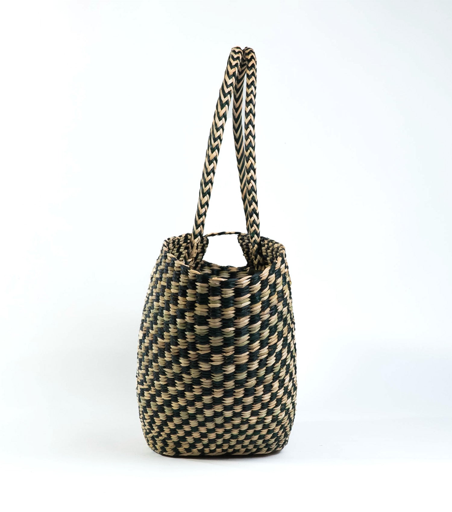 Side view Playa Tote - Designer Beach Bag | Olive Green and Natural Checkered, Vichy