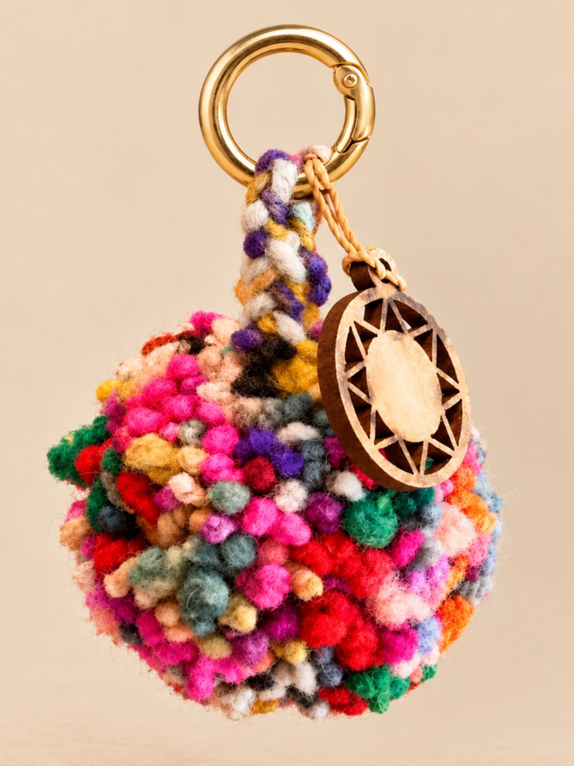 Multicolour sheep wool pom pom bag charm – handmade in Peru | Tasselita by Orange Inca