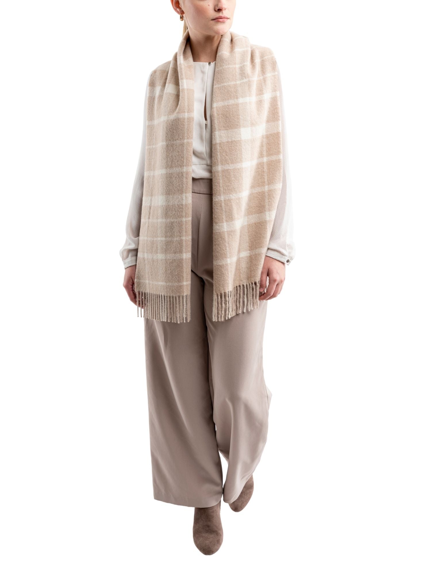 Premium Eco Plaid Baby Alpaca Scarf - Sand and White
