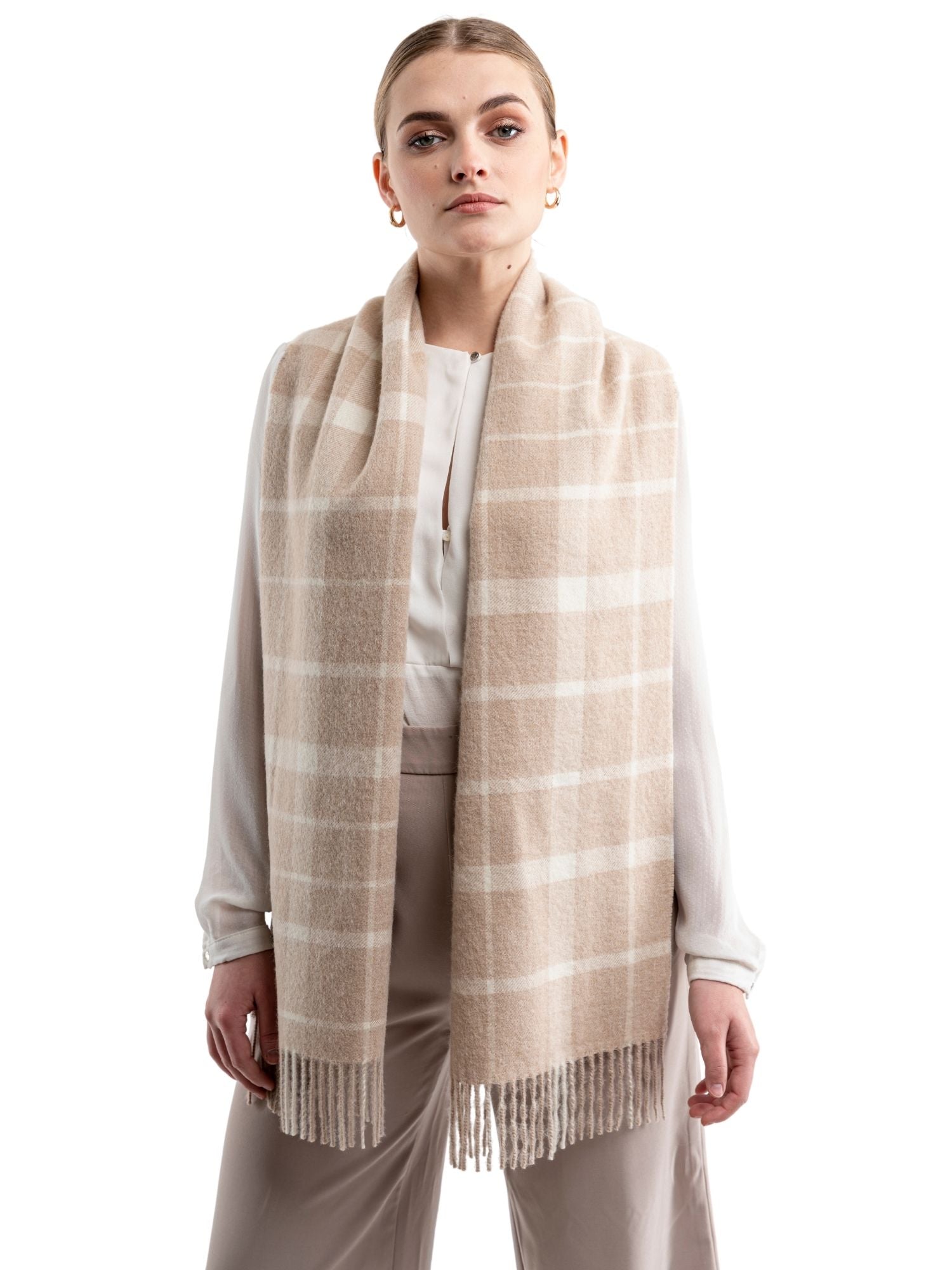 Premium Eco Plaid Baby Alpaca Scarf - Sand and White