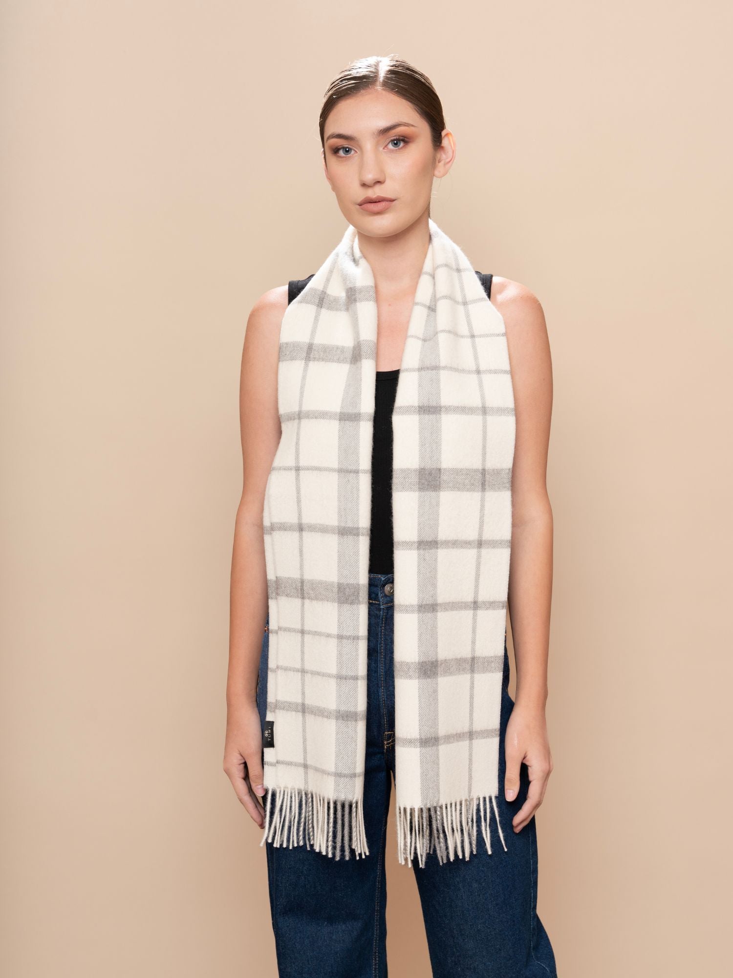 Luxury baby alpaca scarf in plaid white and gray for men and women - softer than cashmere