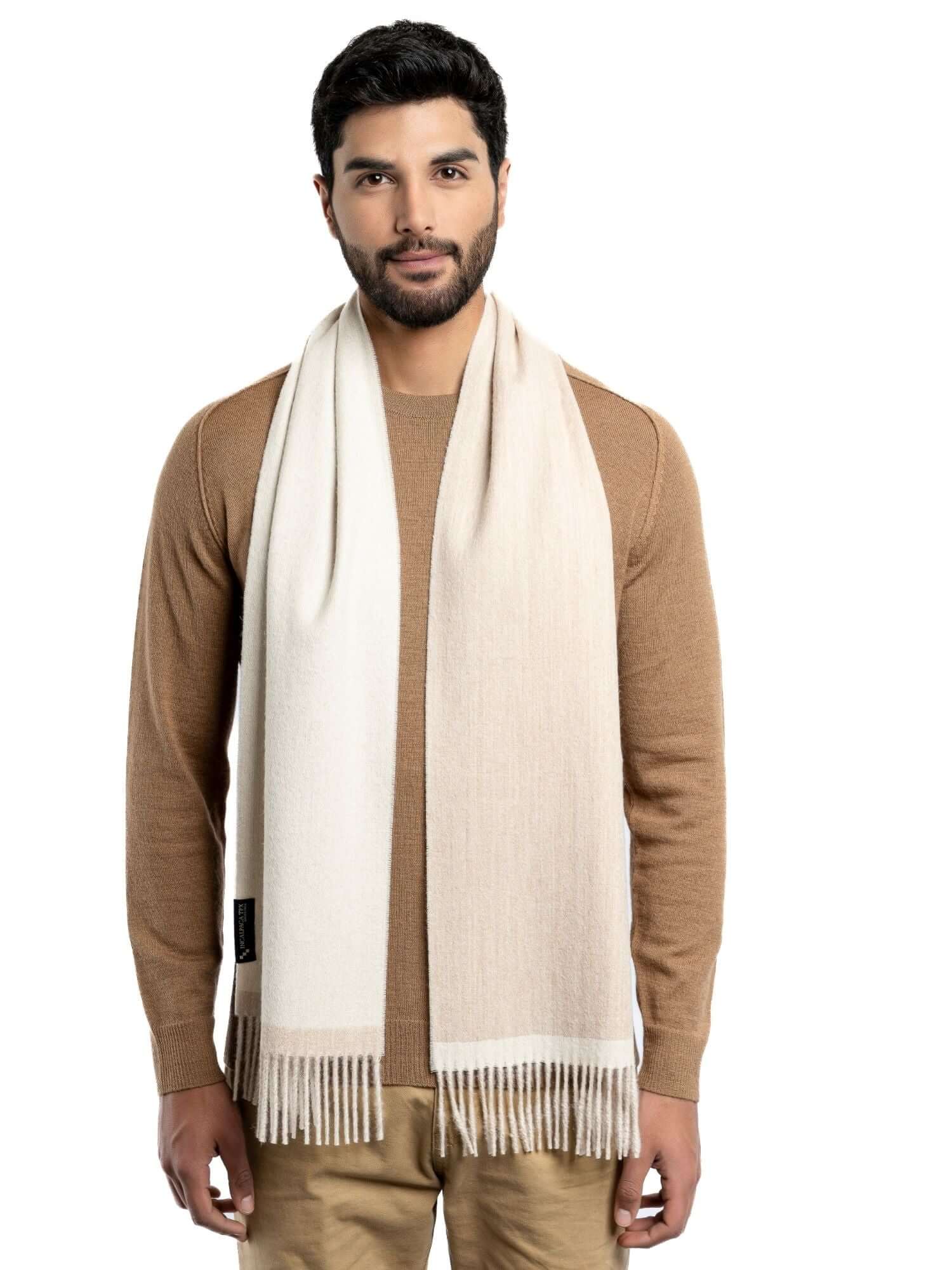 Best baby alpaca scarf for men and women in Beige and White with strong fringes