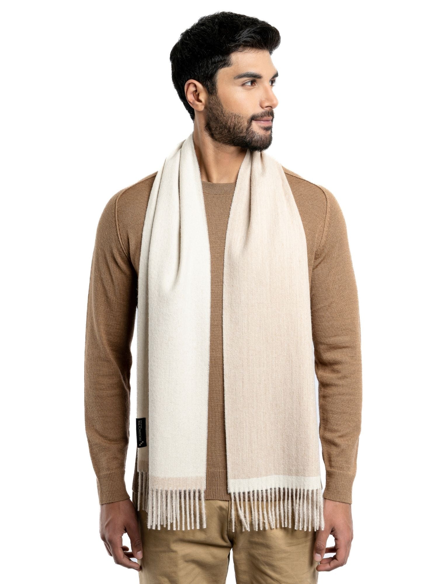 Premium wool scarf draped Beige and White - best baby alpaca scarf for men and women