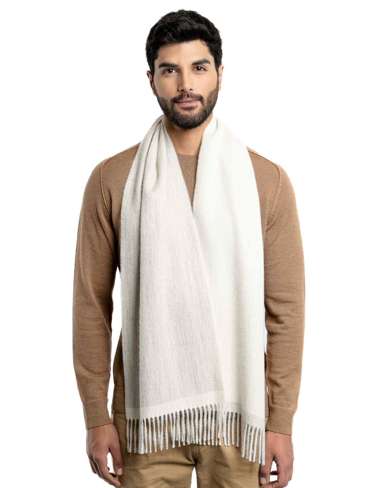 Premium wool scarf draped gray and white - best baby alpaca scarf for men and women