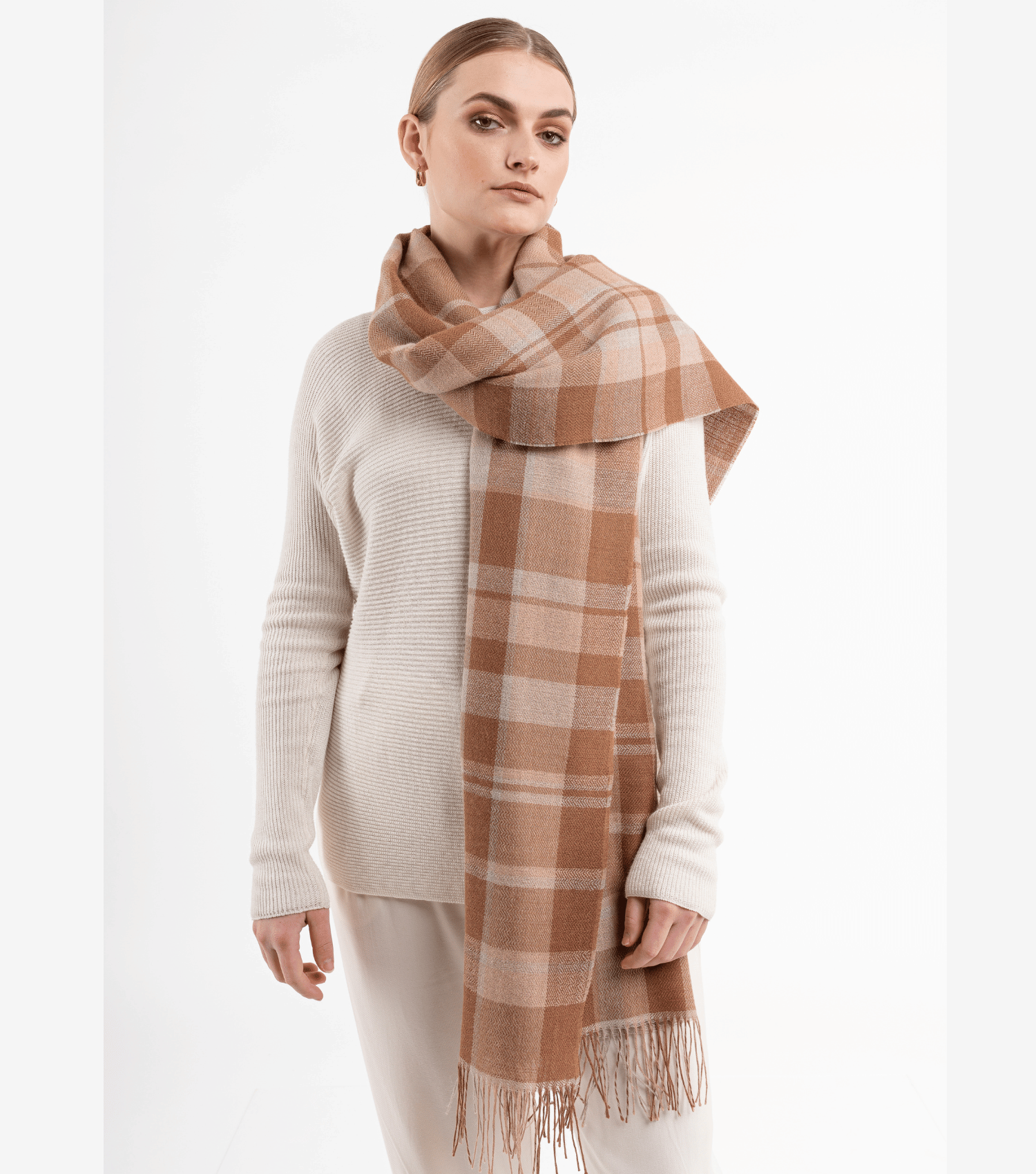 Classic Plaid Baby Alpaca Shawl - Camel and Beige